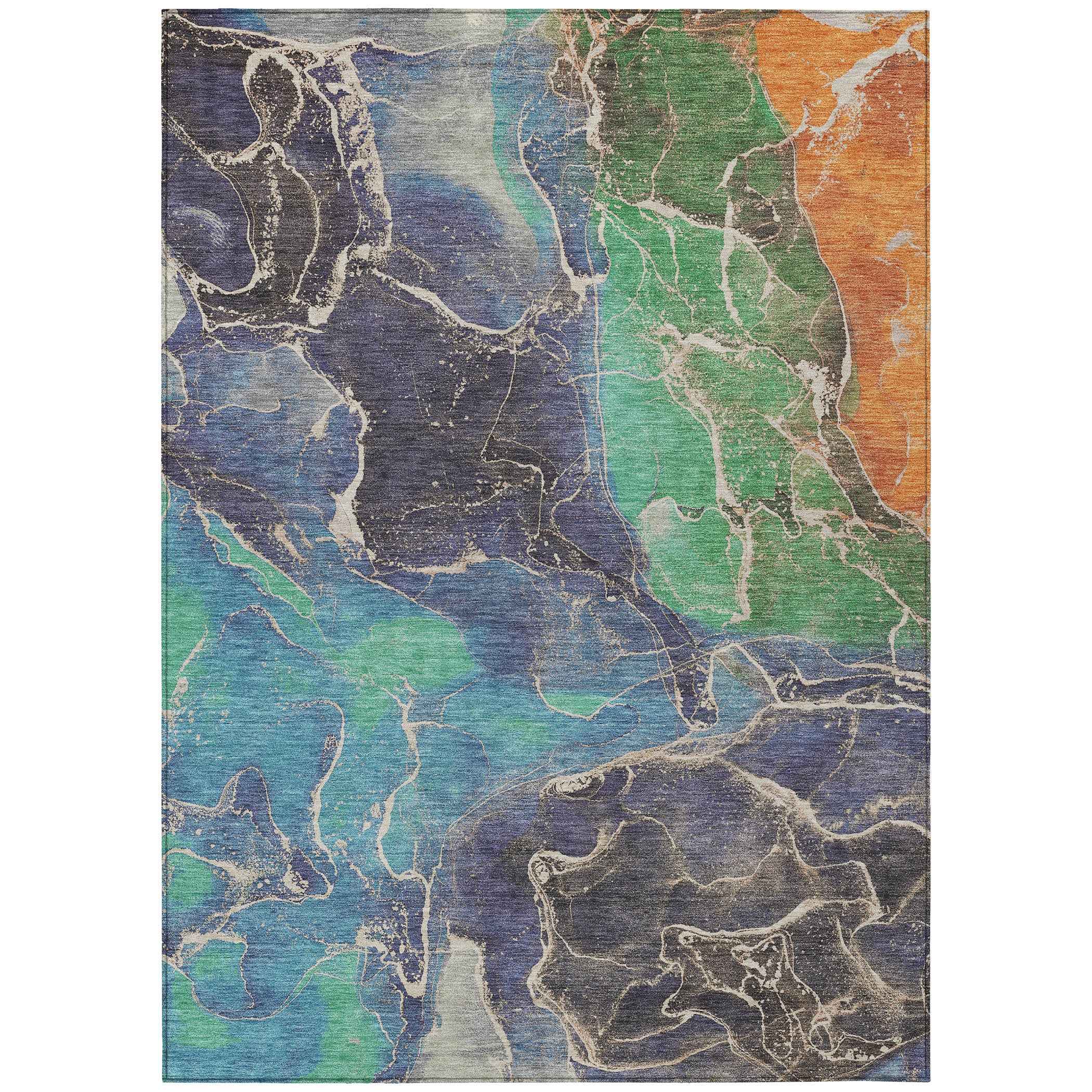 10' X 14' Blue Green And Orange Abstract Washable Indoor Outdoor Area Rug