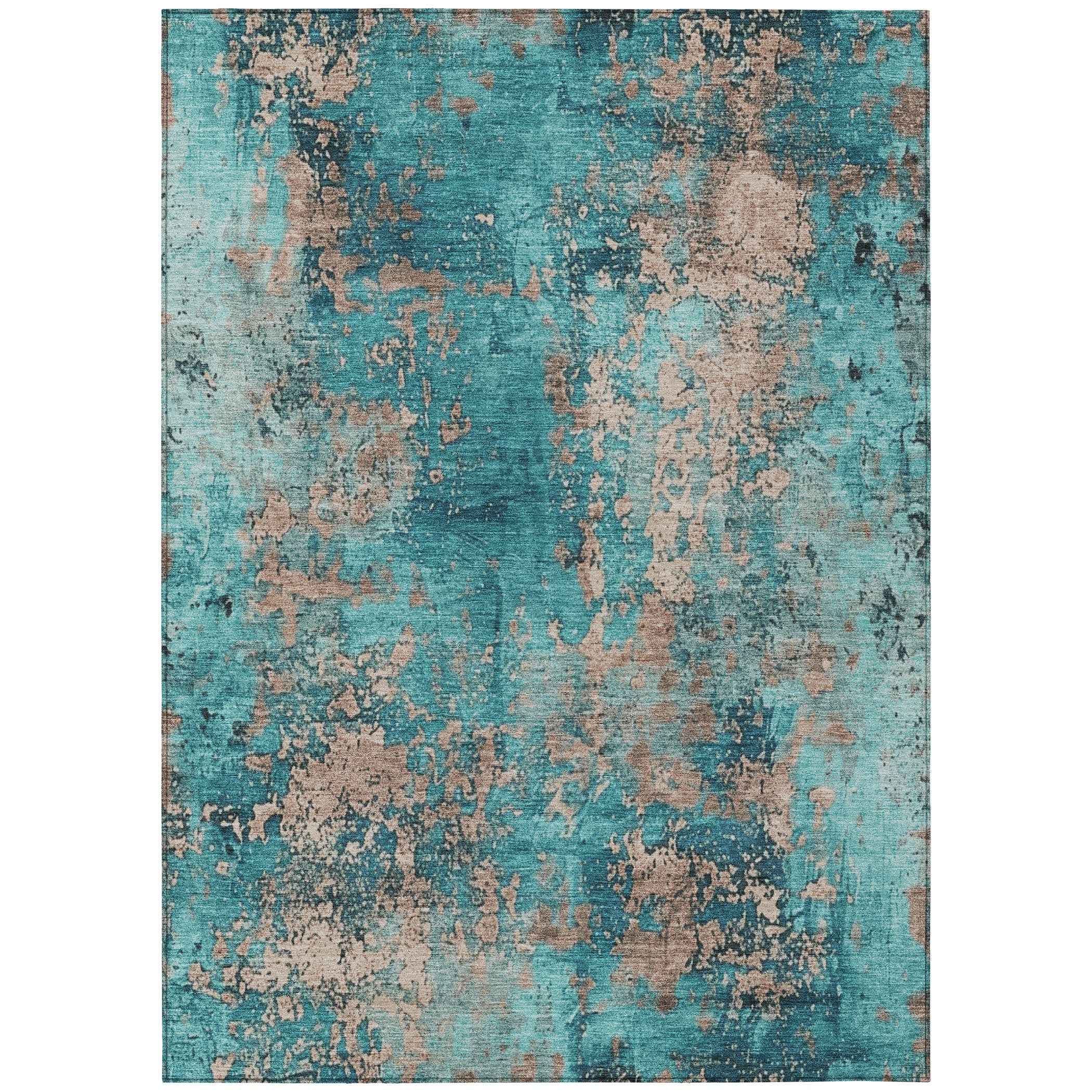 9' X 12' Teal Blue And Beige Abstract Washable Indoor Outdoor Area Rug