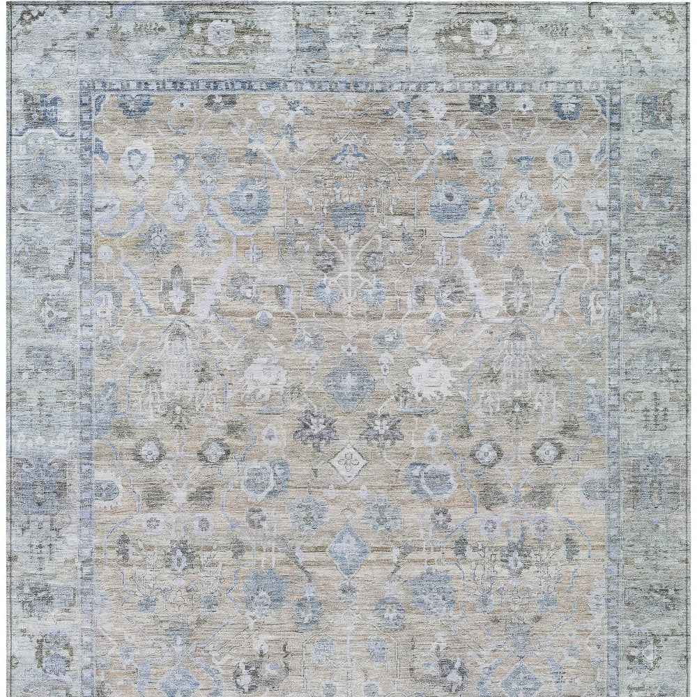 8' X 10' Beige Blue And Ivory Oriental Washable Indoor Outdoor Area Rug