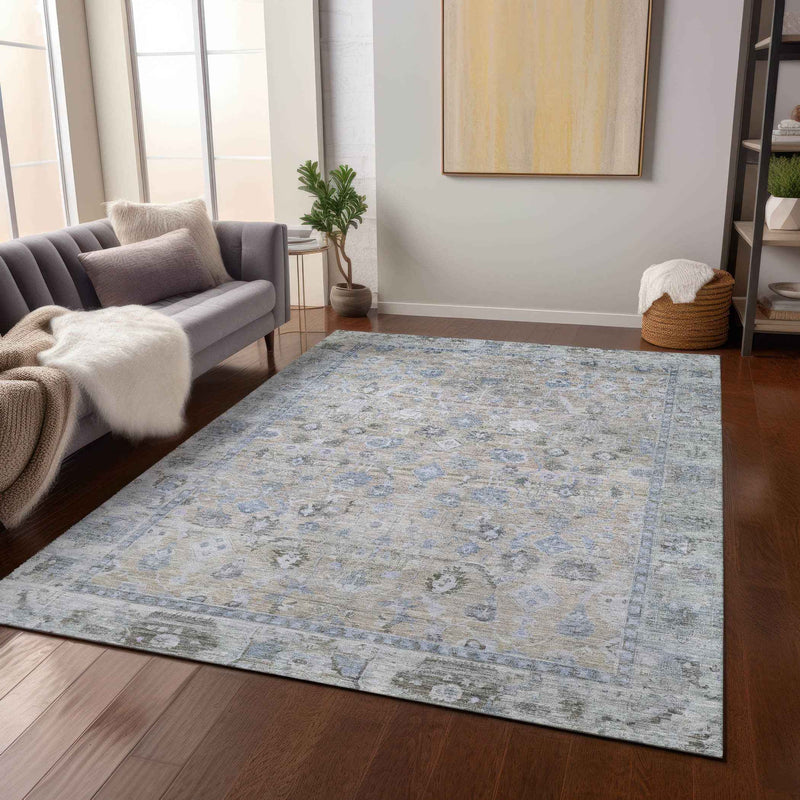 8' X 10' Beige Blue And Ivory Oriental Washable Indoor Outdoor Area Rug