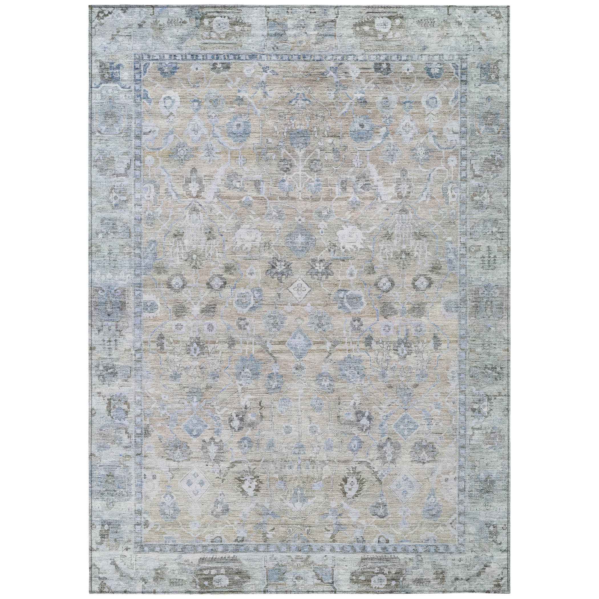8' X 10' Beige Blue And Ivory Oriental Washable Indoor Outdoor Area Rug