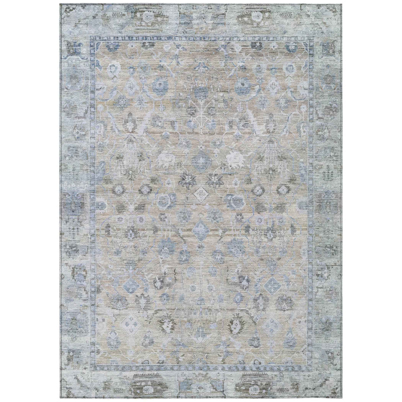 8' X 10' Beige Blue And Ivory Oriental Washable Indoor Outdoor Area Rug