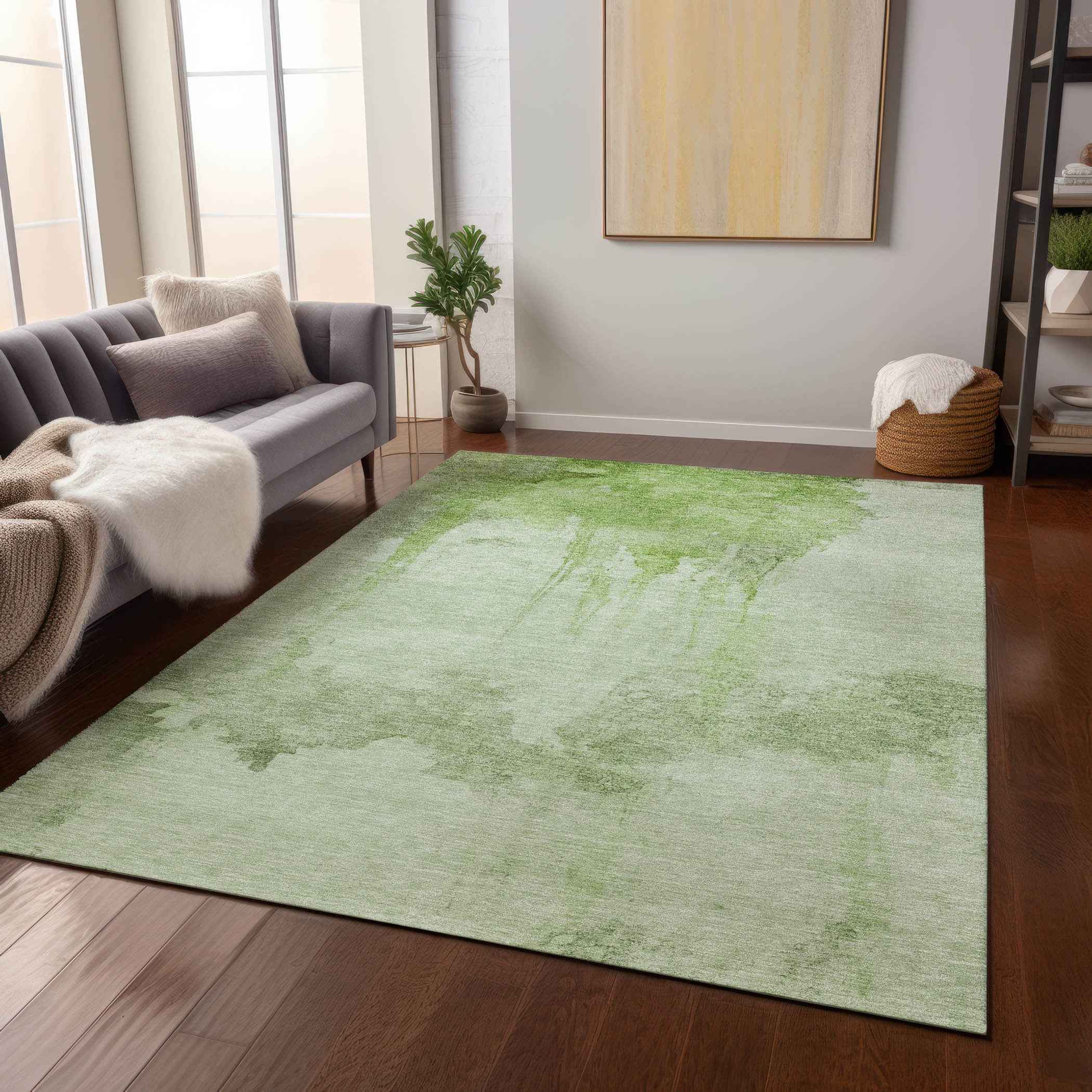 10' X 14' Artichoke Green And Ivory Abstract Washable Indoor Outdoor Area Rug