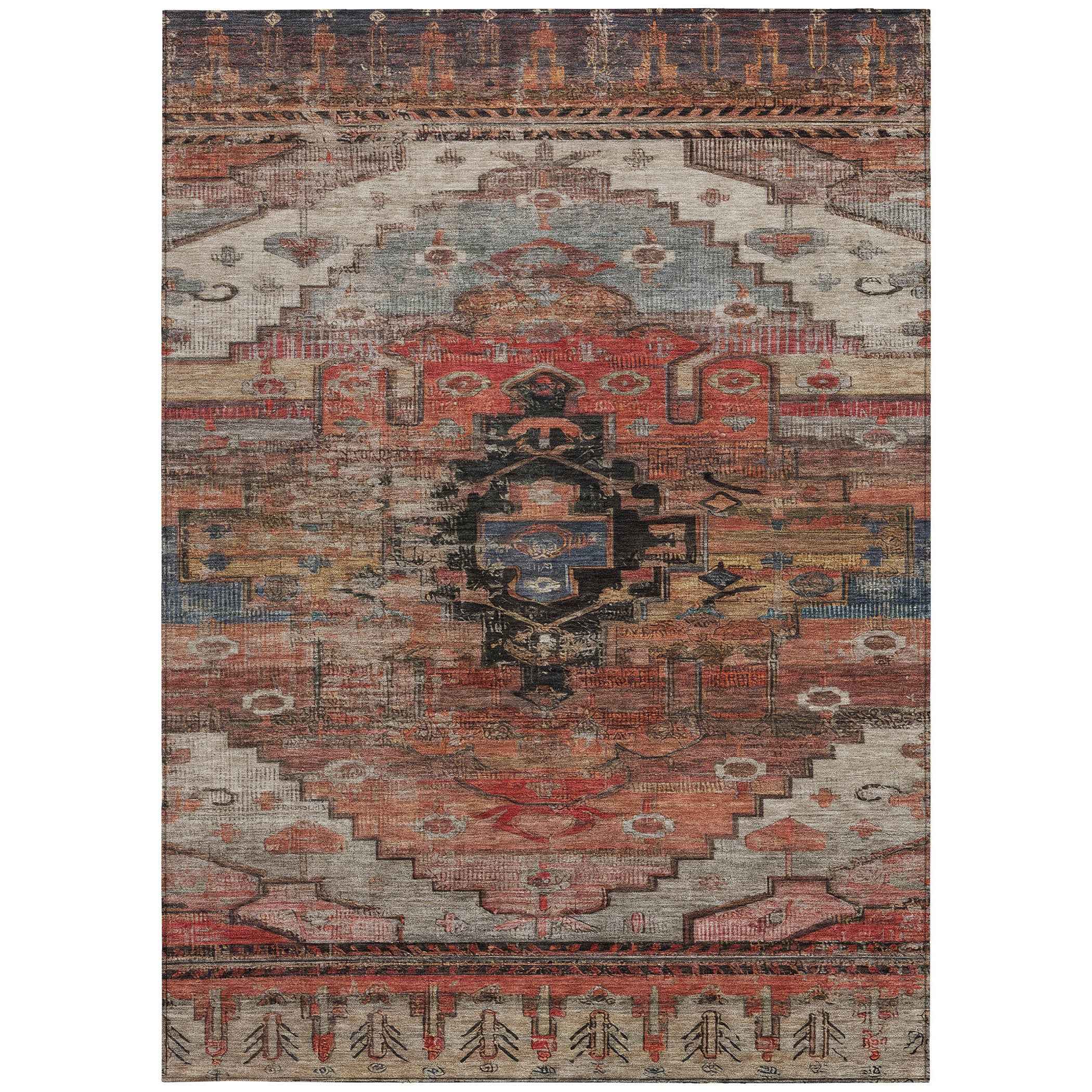 10' X 14' Rust Ivory And Gray Tribal Washable Indoor Outdoor Area Rug