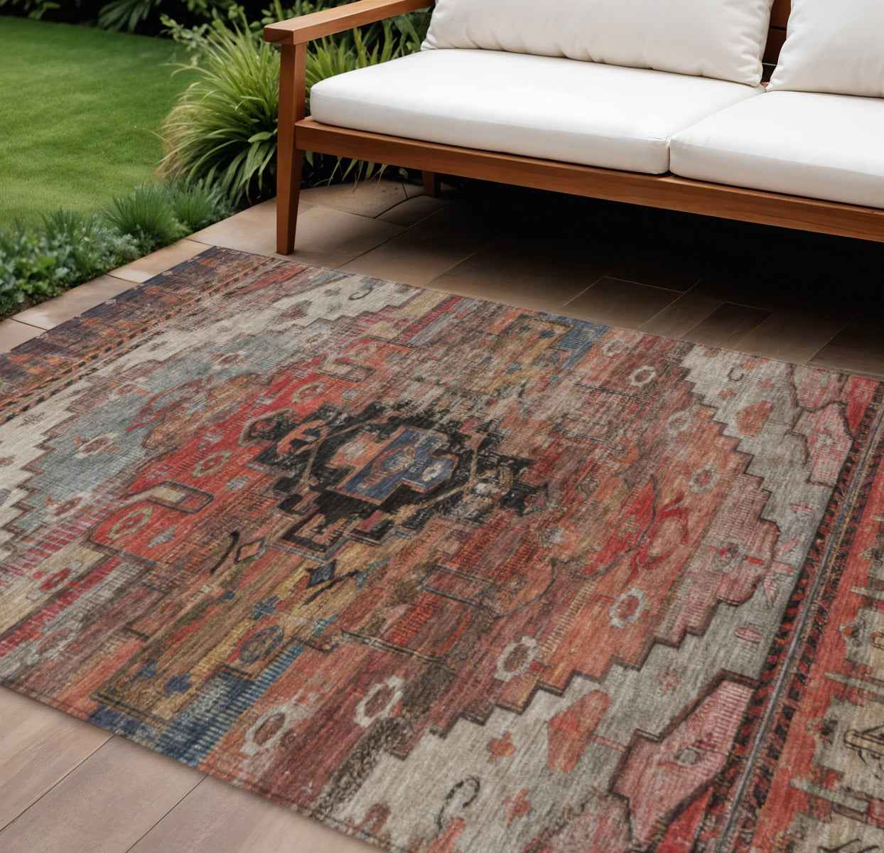 10' X 14' Rust Ivory And Gray Tribal Washable Indoor Outdoor Area Rug
