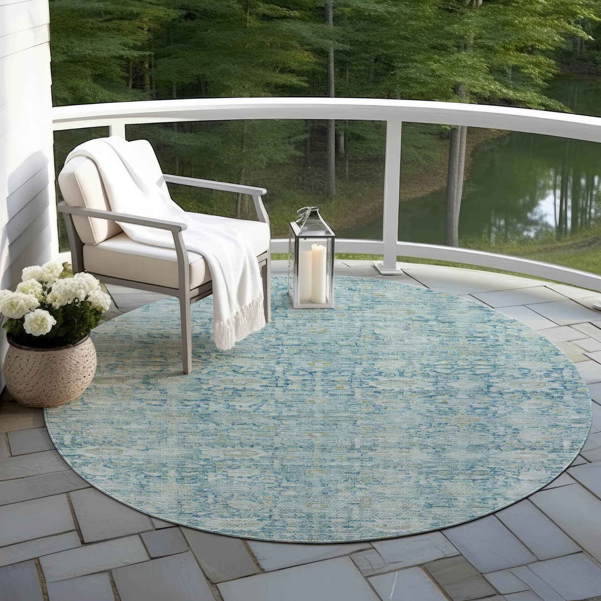 8' Blue And Ivory Round Oriental Washable Indoor Outdoor Area Rug
