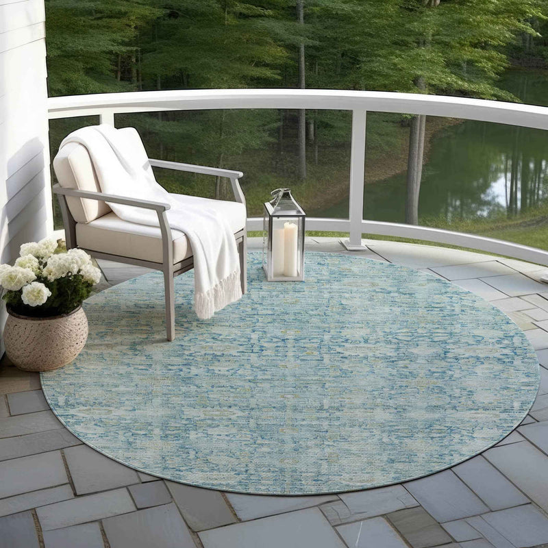 8' Blue And Ivory Round Oriental Washable Indoor Outdoor Area Rug