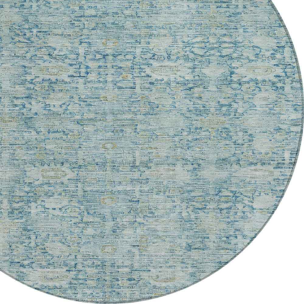 8' Blue And Ivory Round Oriental Washable Indoor Outdoor Area Rug