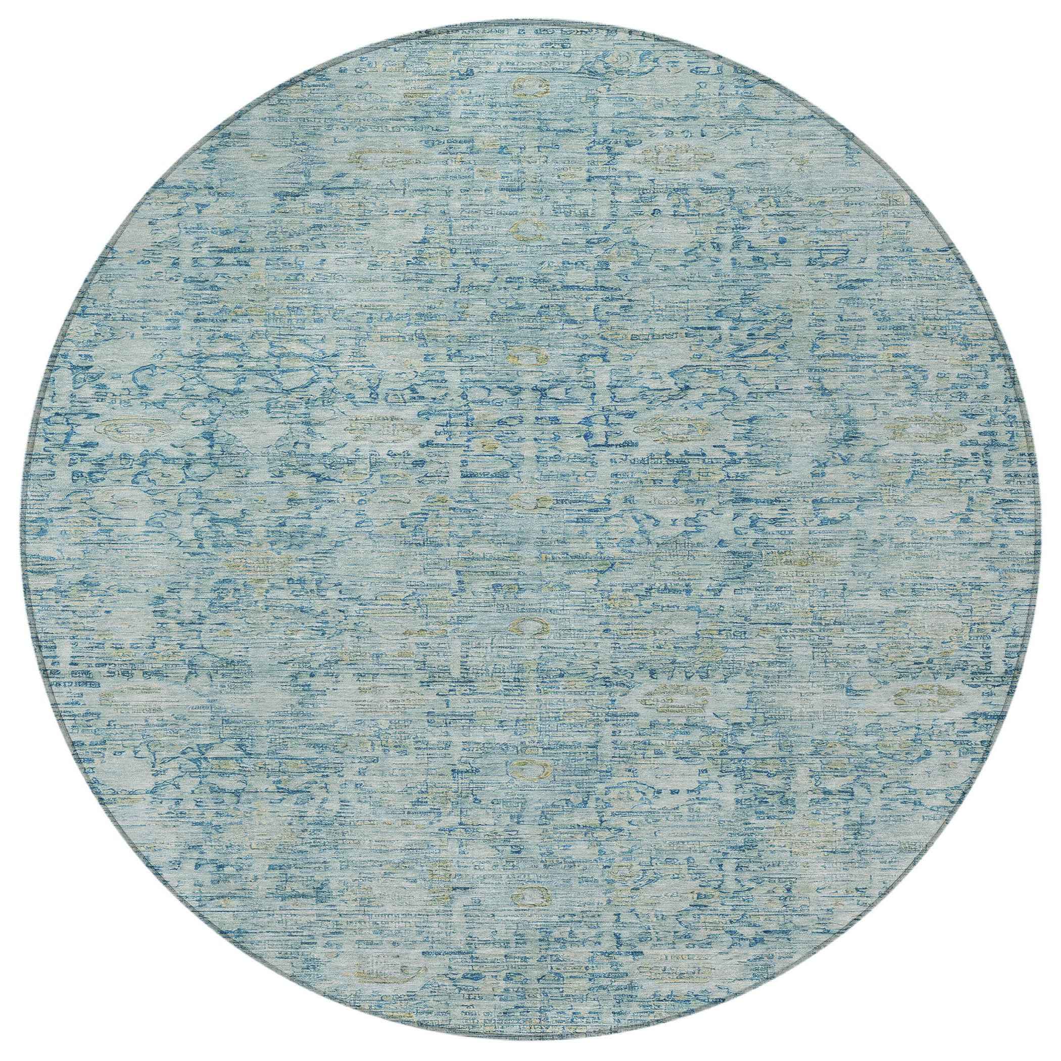 8' Blue And Ivory Round Oriental Washable Indoor Outdoor Area Rug