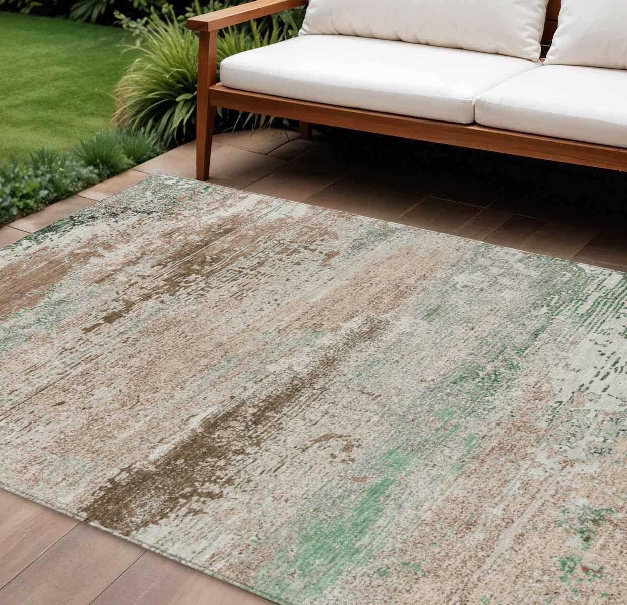 8' X 10' Khaki Beige And Ivory Abstract Washable Indoor Outdoor Area Rug