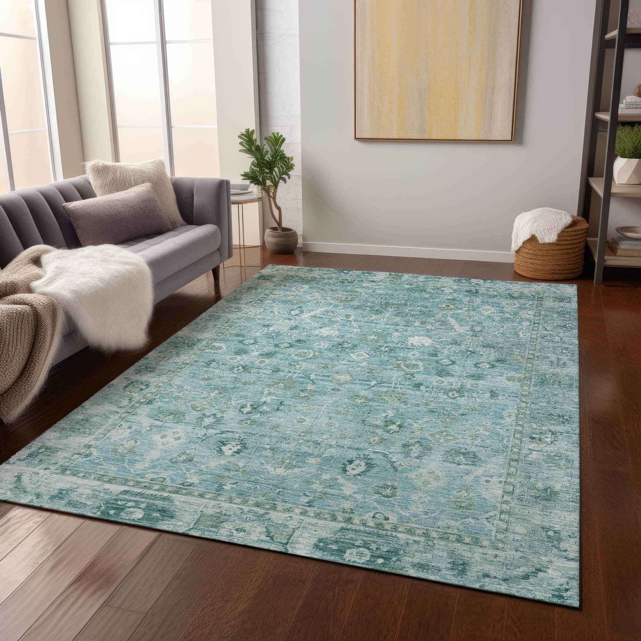 8' X 10' Blue Gray And Ivory Oriental Washable Indoor Outdoor Area Rug