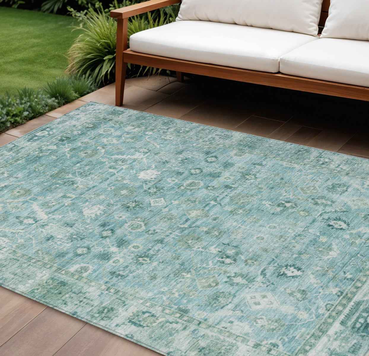 8' X 10' Blue Gray And Ivory Oriental Washable Indoor Outdoor Area Rug