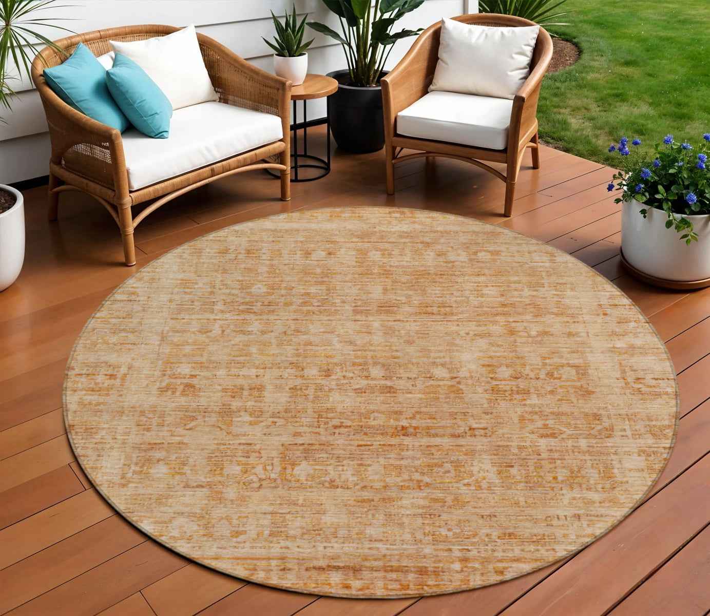 8' Coral And Peach Round Abstract Washable Indoor Outdoor Area Rug