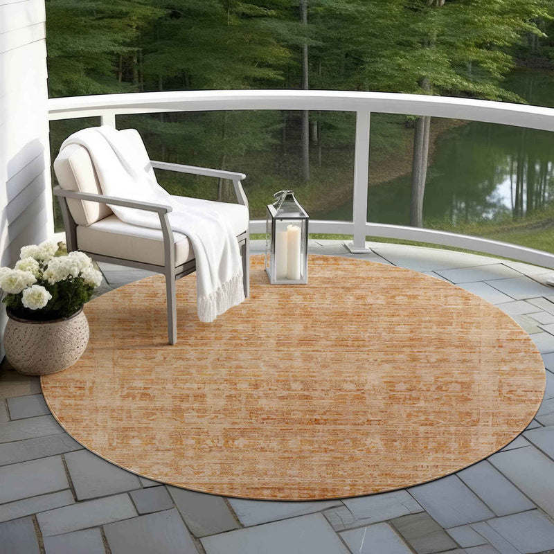 8' Coral And Peach Round Abstract Washable Indoor Outdoor Area Rug