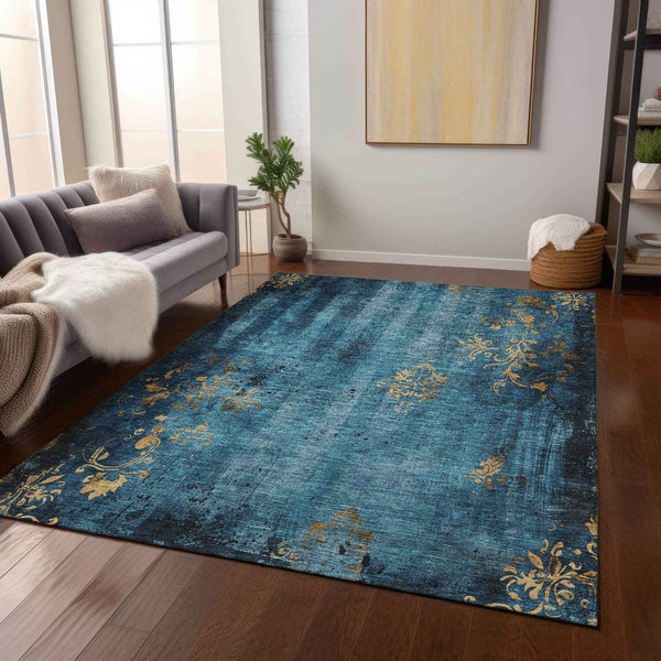 5' X 8' Blue And Gold Floral Washable Indoor Outdoor Area Rug