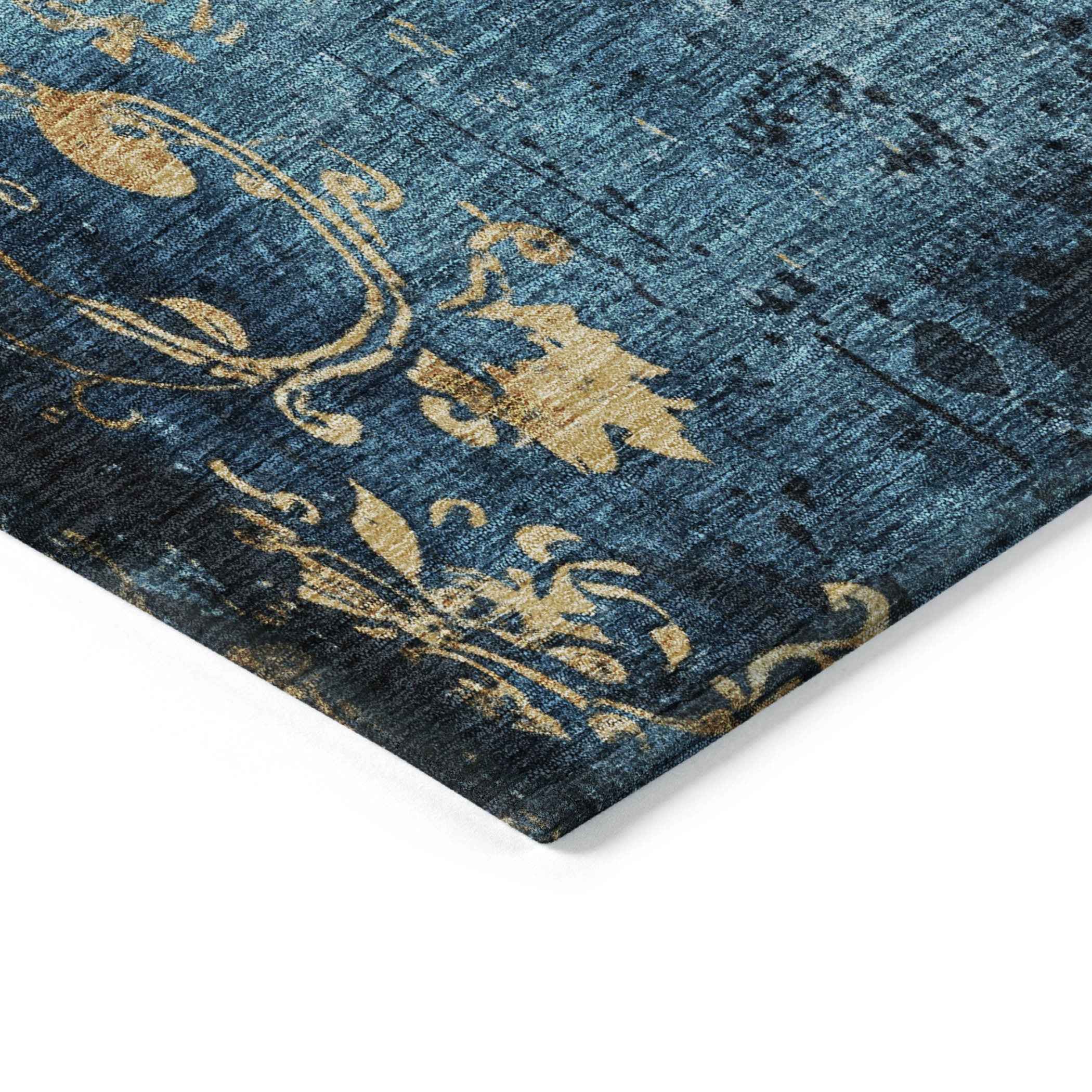 5' X 8' Blue And Gold Floral Washable Indoor Outdoor Area Rug