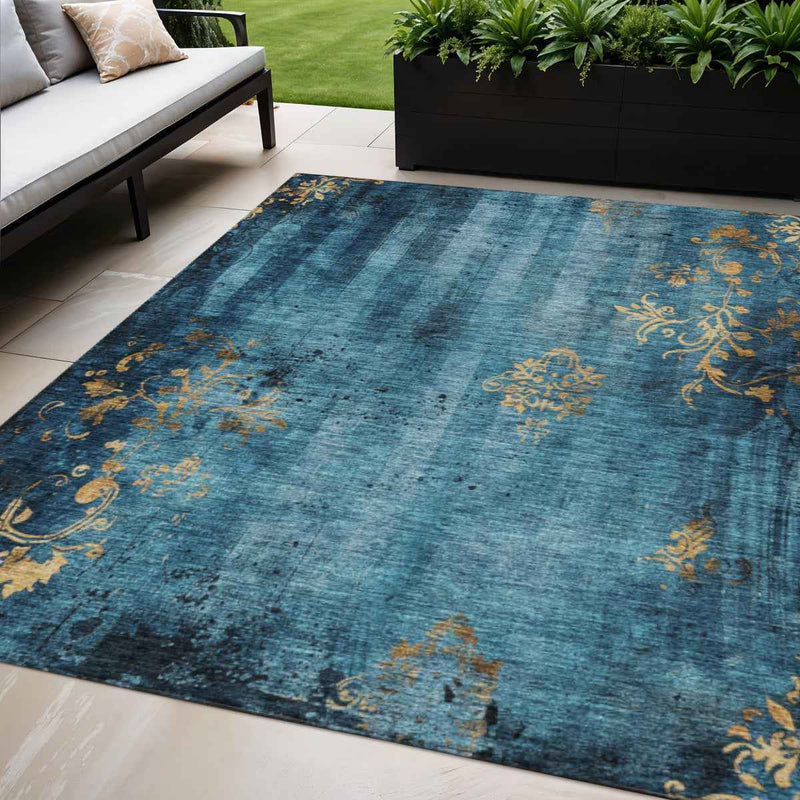 5' X 8' Blue And Gold Floral Washable Indoor Outdoor Area Rug