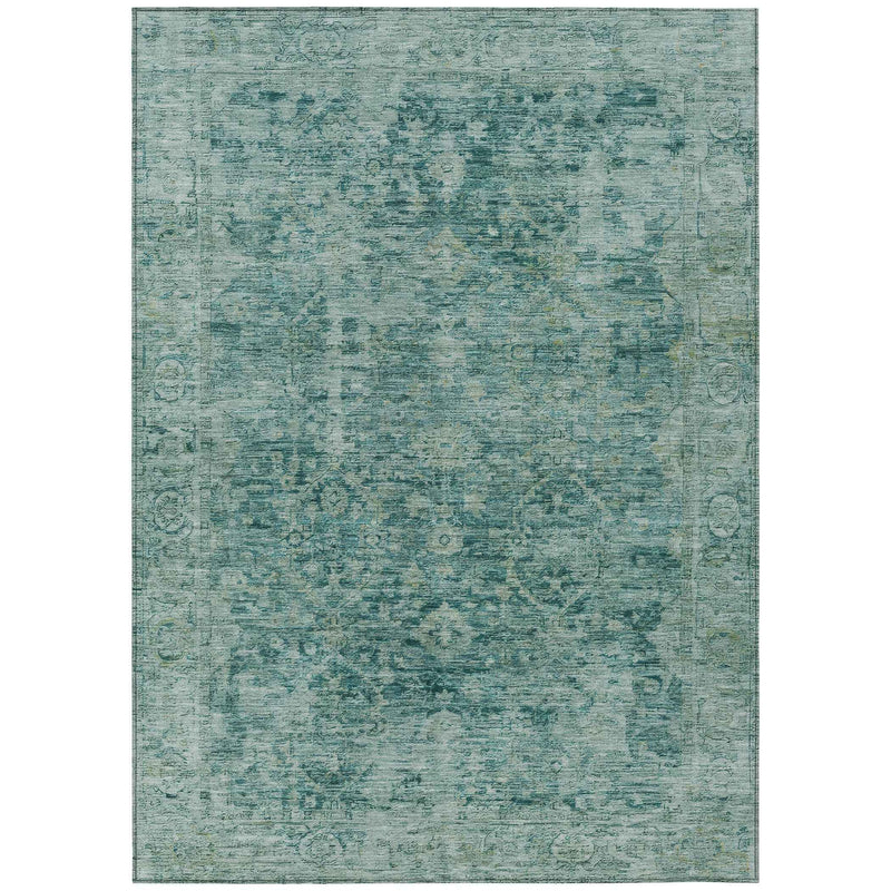 8' X 10' Teal Blue And Olive Green Abstract Washable Indoor Outdoor Area Rug