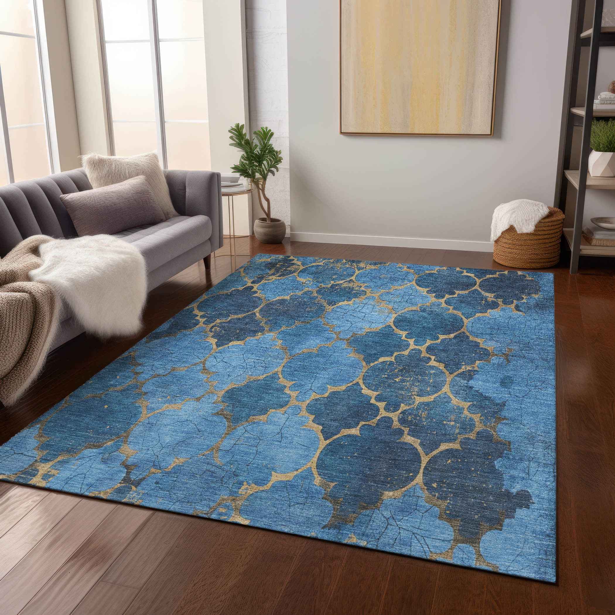 8' X 10' Blue And Gold Damask Washable Indoor Outdoor Area Rug