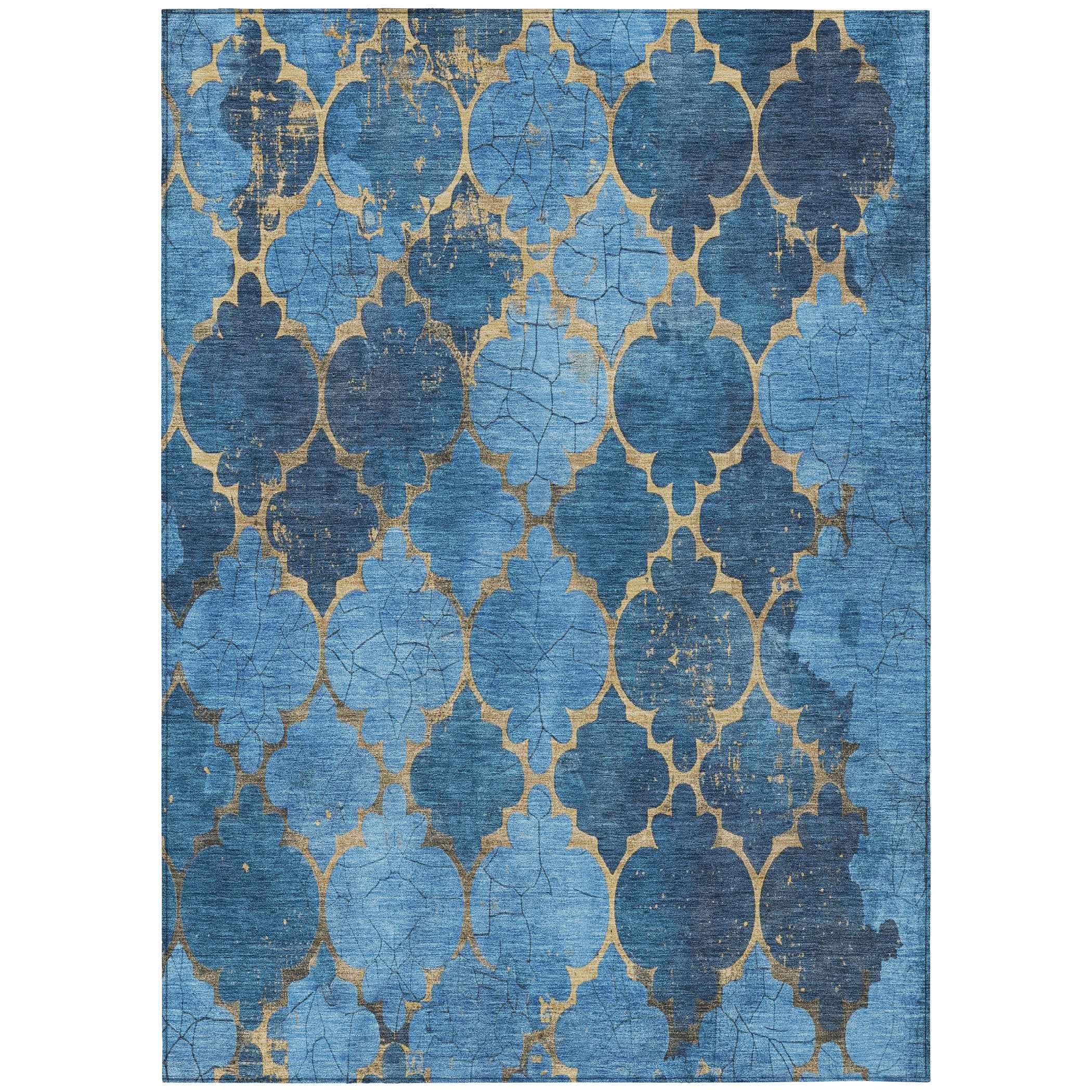 8' X 10' Blue And Gold Damask Washable Indoor Outdoor Area Rug