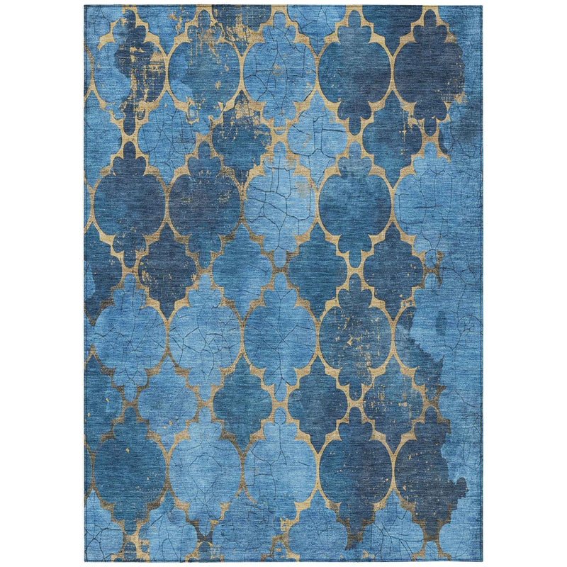8' X 10' Blue And Gold Damask Washable Indoor Outdoor Area Rug
