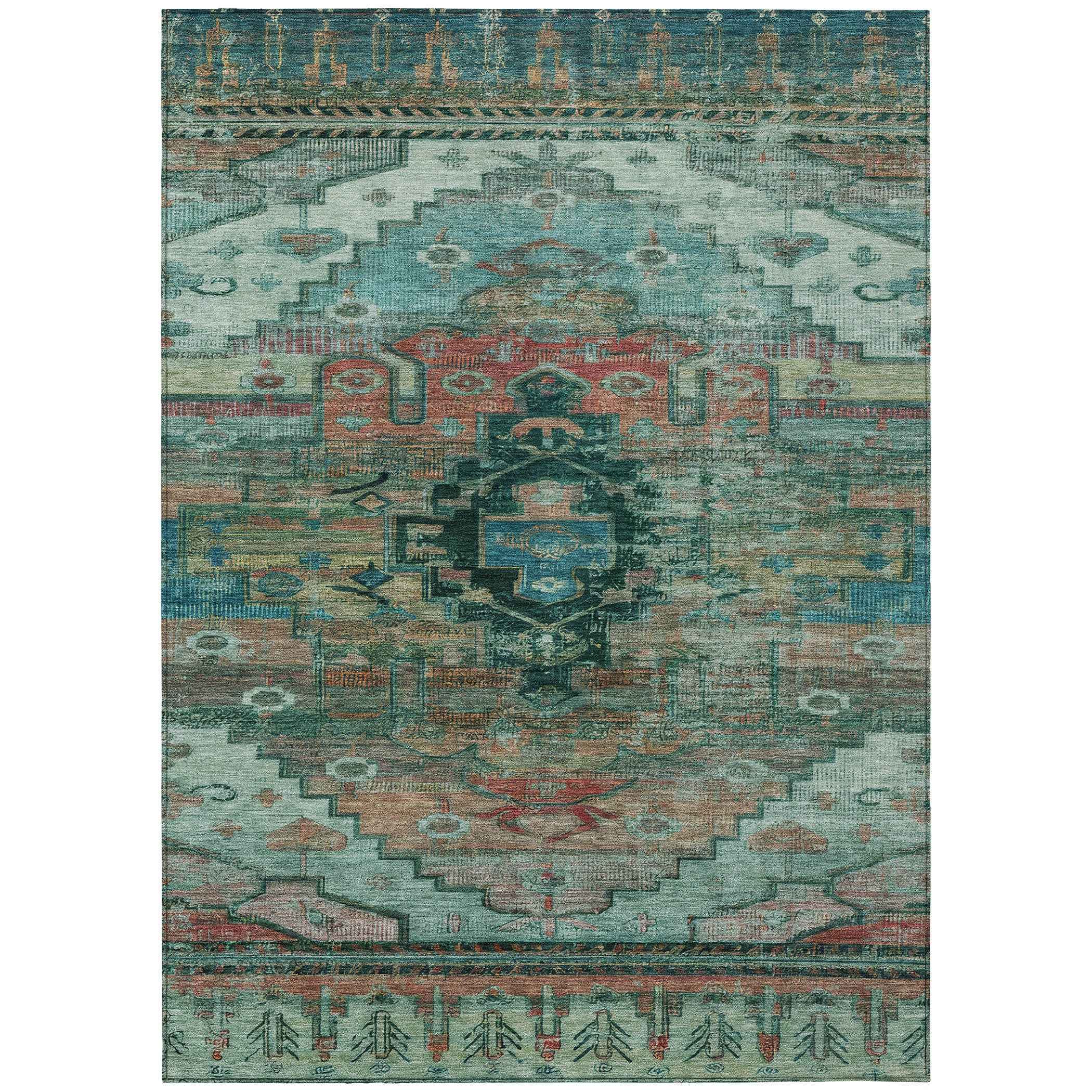 10' X 14' Teal Blue Copper And Gold Tribal Washable Indoor Outdoor Area Rug