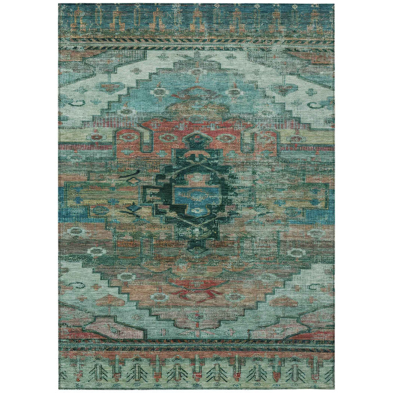 10' X 14' Teal Blue Copper And Gold Tribal Washable Indoor Outdoor Area Rug