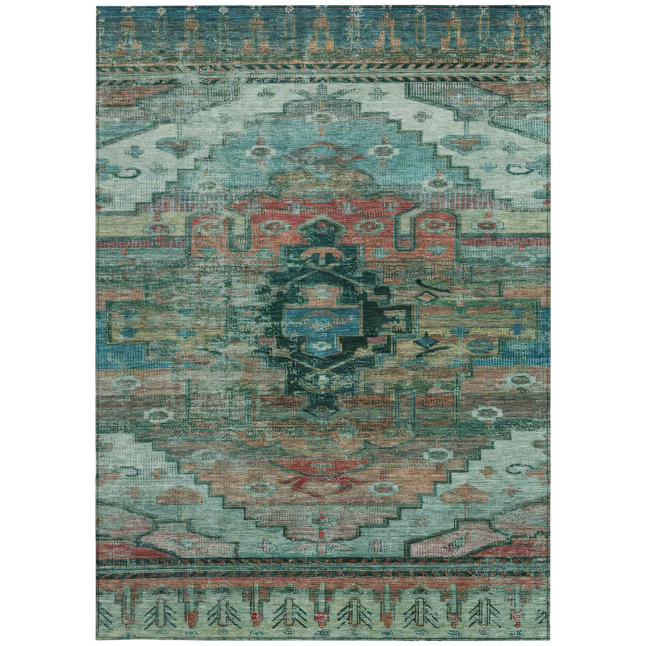 10' X 14' Teal Blue Copper And Gold Tribal Washable Indoor Outdoor Area Rug