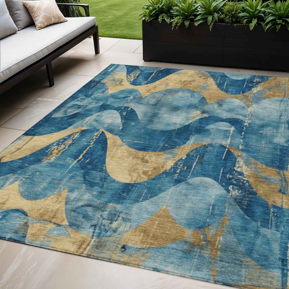5' X 8' Teal Blue And Gold Abstract Washable Indoor Outdoor Area Rug