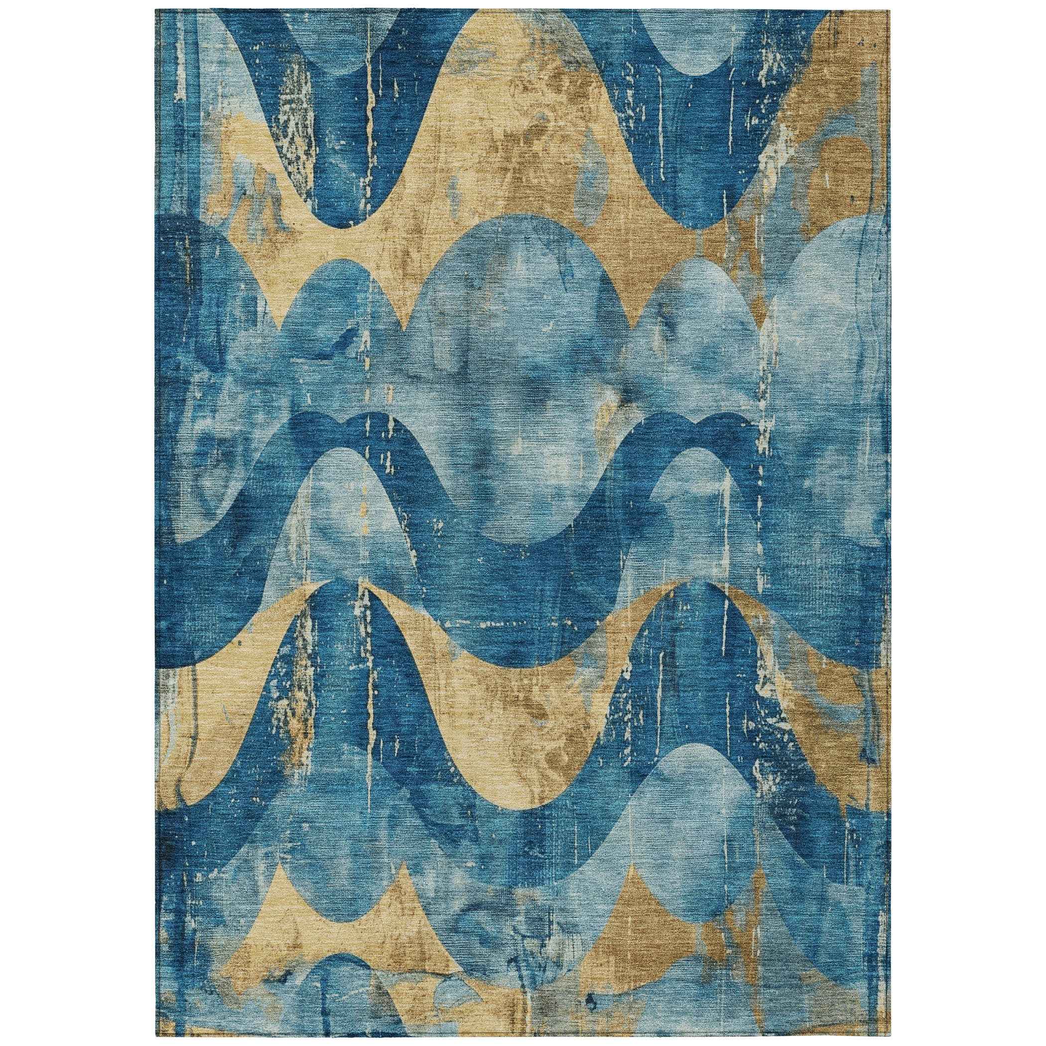 5' X 8' Teal Blue And Gold Abstract Washable Indoor Outdoor Area Rug