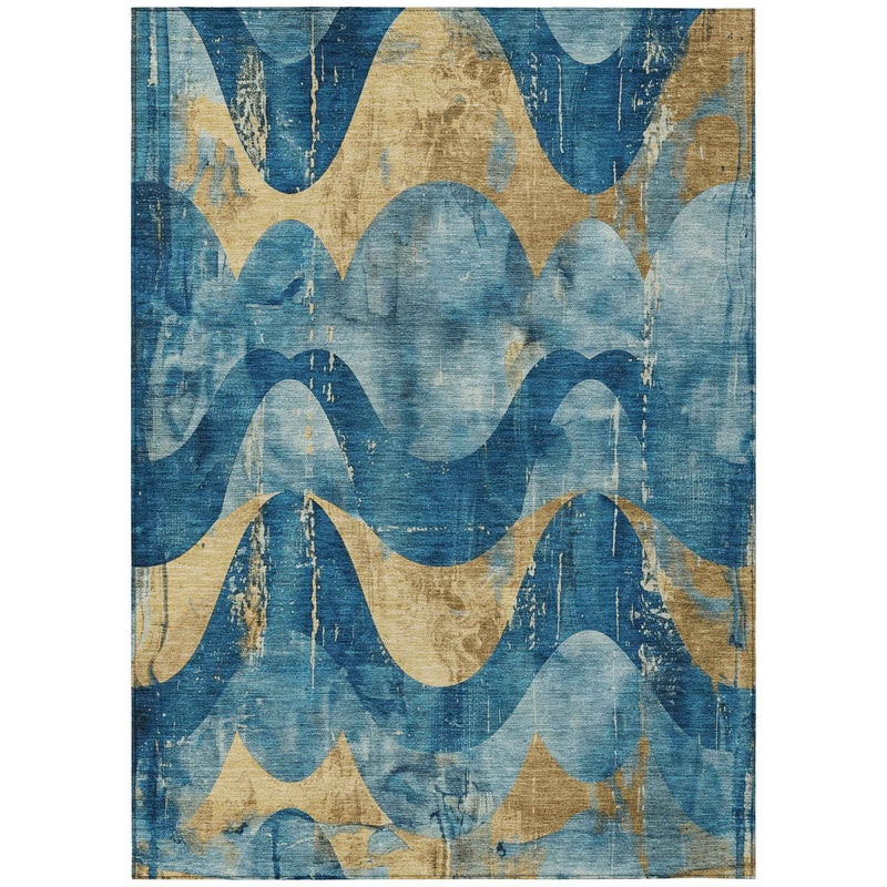 5' X 8' Teal Blue And Gold Abstract Washable Indoor Outdoor Area Rug