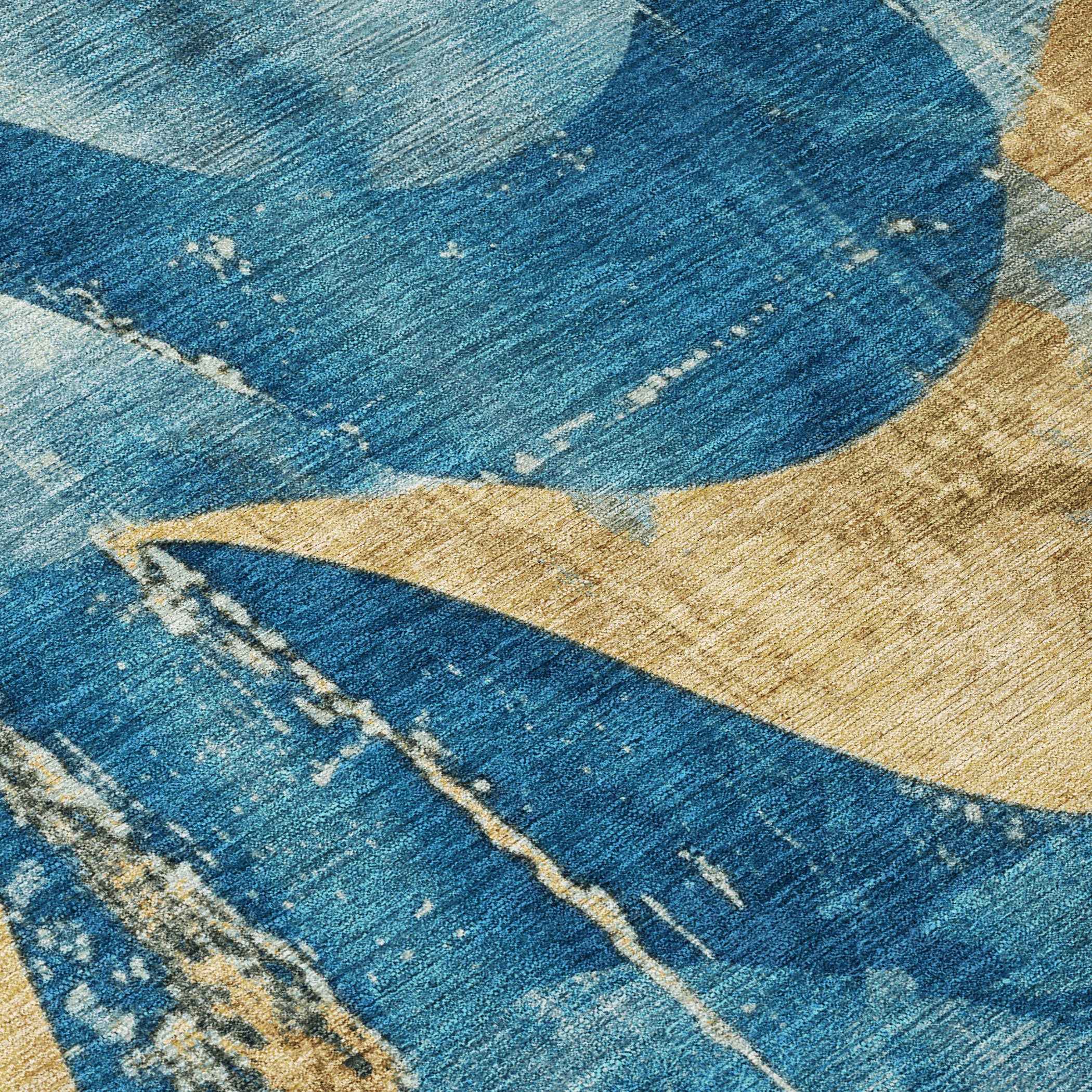 5' X 8' Teal Blue And Gold Abstract Washable Indoor Outdoor Area Rug