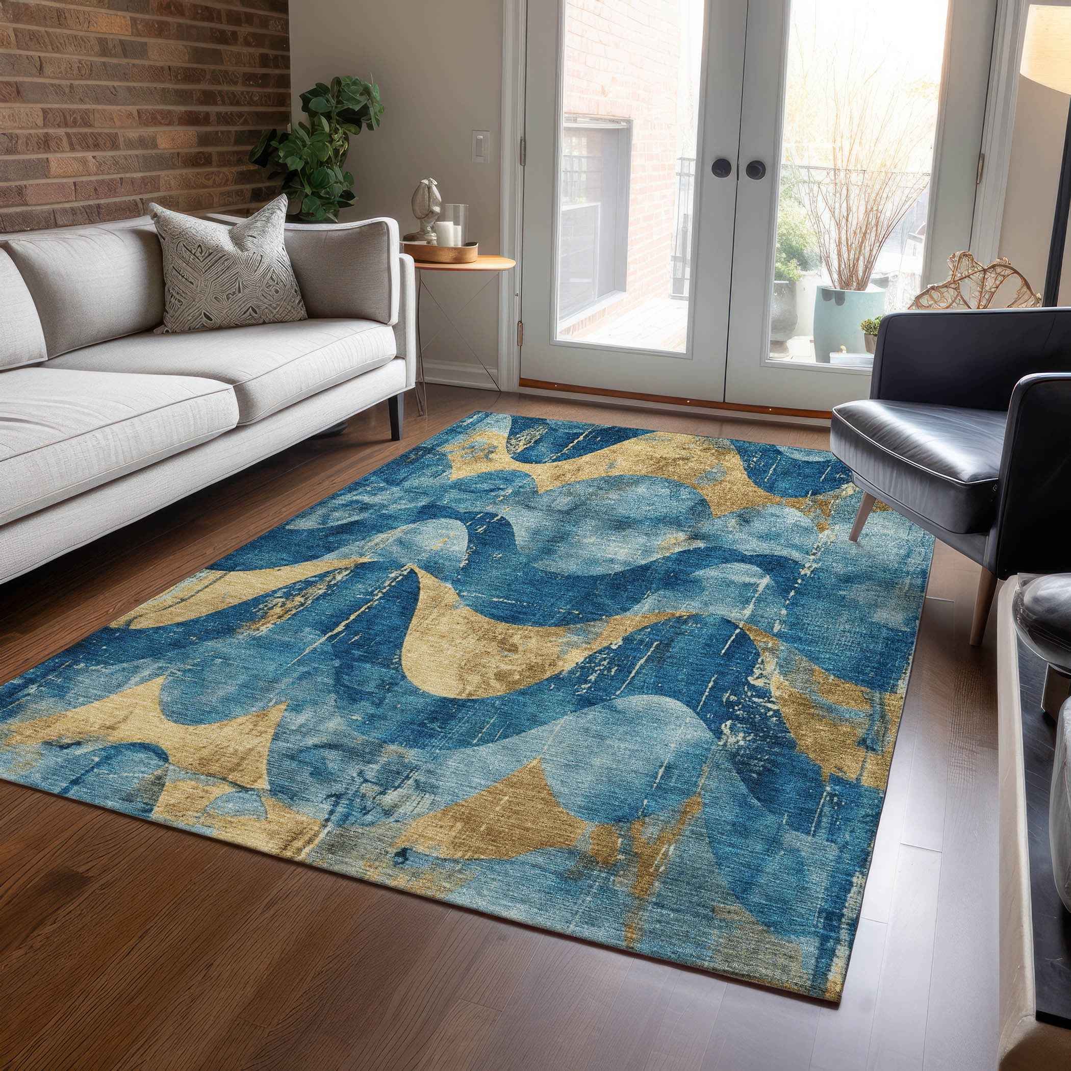 5' X 8' Teal Blue And Gold Abstract Washable Indoor Outdoor Area Rug