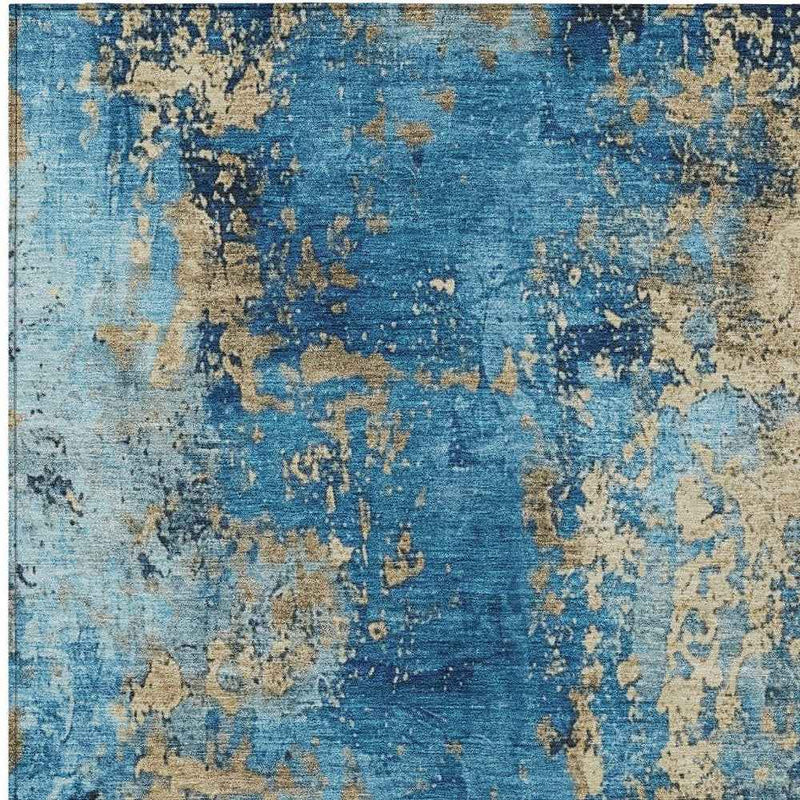10' X 14' Blue And Beige Abstract Washable Indoor Outdoor Area Rug
