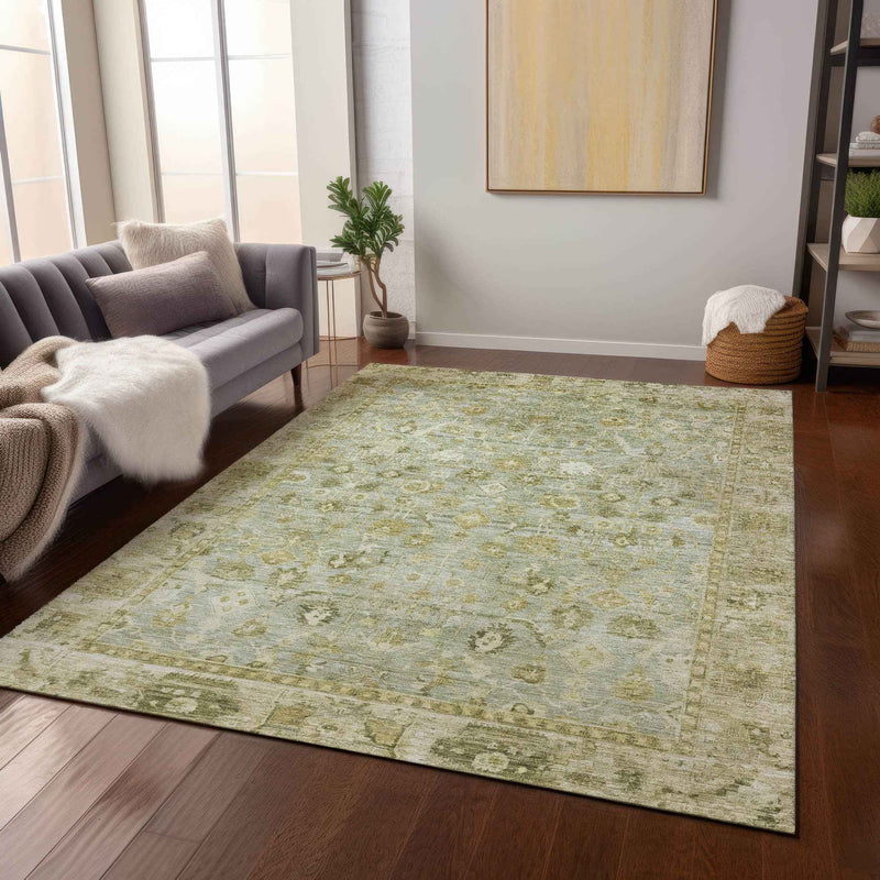 9' X 12' Sage And Ivory Oriental Washable Indoor Outdoor Area Rug
