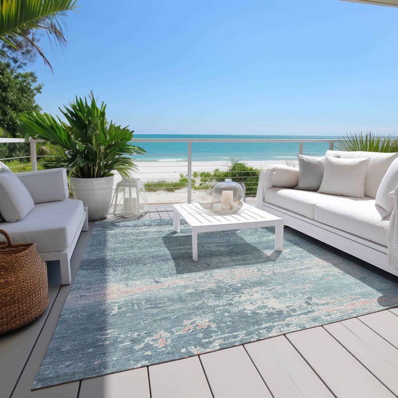 8' X 10' Teal Blue And Ivory Abstract Washable Indoor Outdoor Area Rug