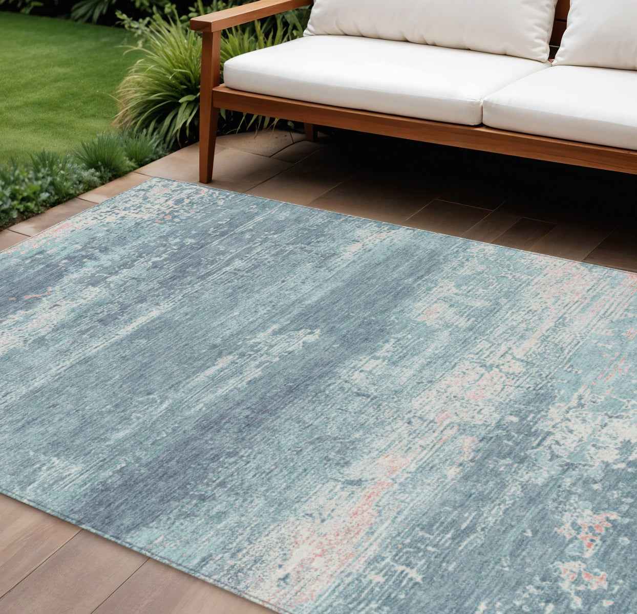 8' X 10' Teal Blue And Ivory Abstract Washable Indoor Outdoor Area Rug