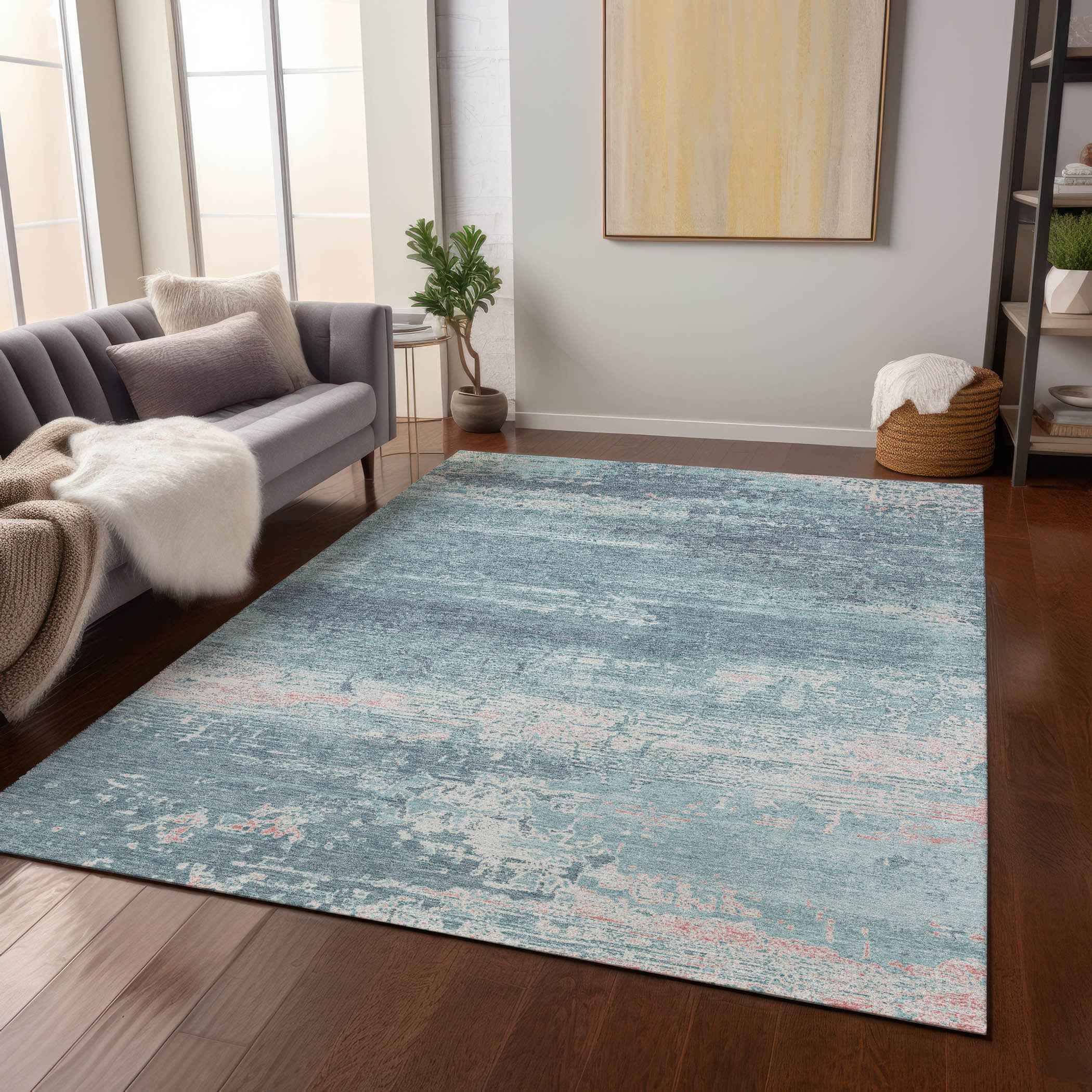 8' X 10' Teal Blue And Ivory Abstract Washable Indoor Outdoor Area Rug