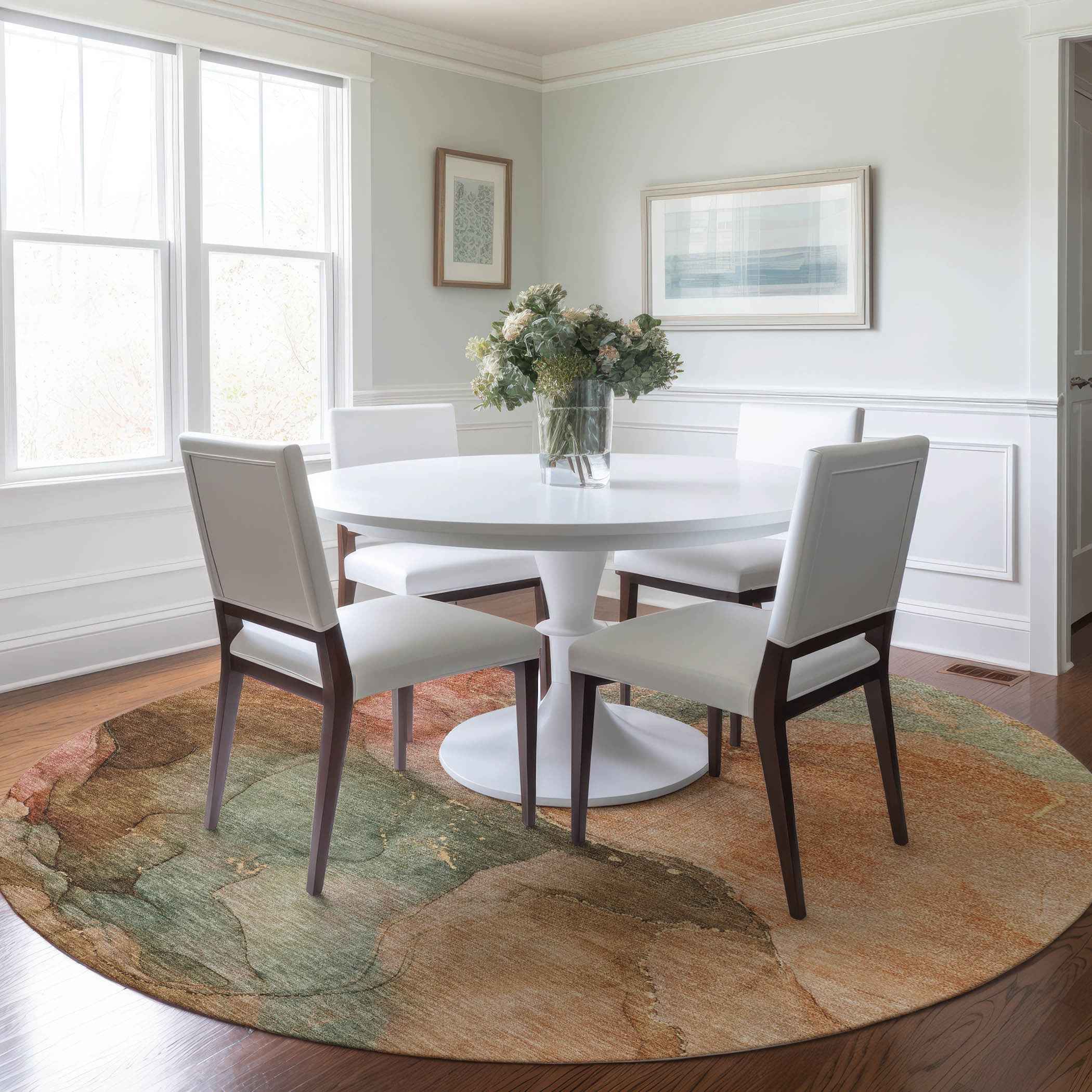 8' Coral Brown And Mint Green Round Abstract Washable Indoor Outdoor Area Rug