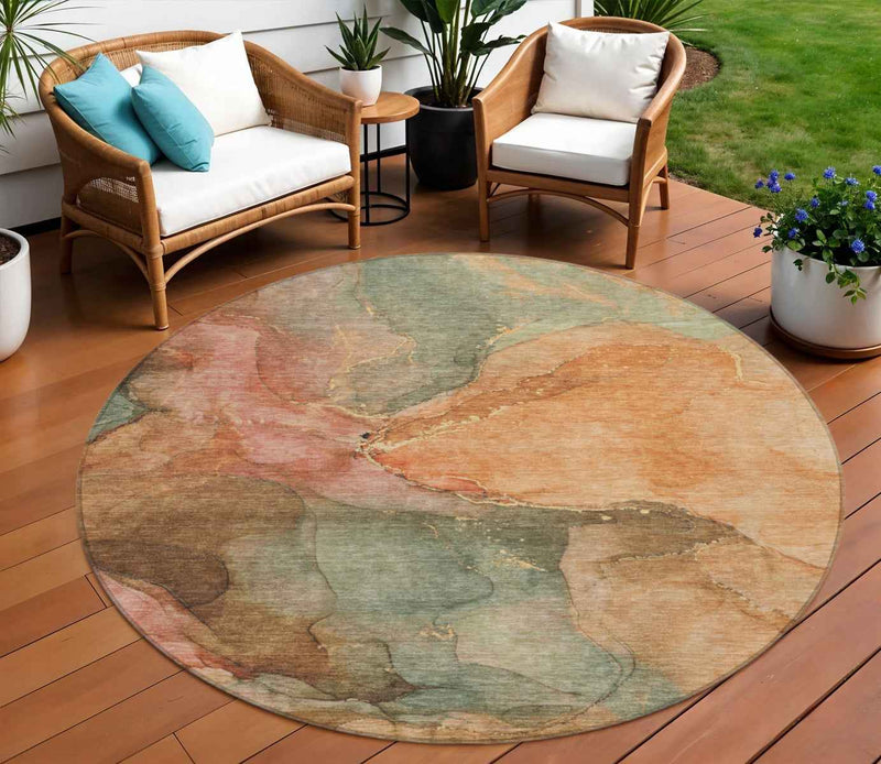 8' Coral Brown And Mint Green Round Abstract Washable Indoor Outdoor Area Rug