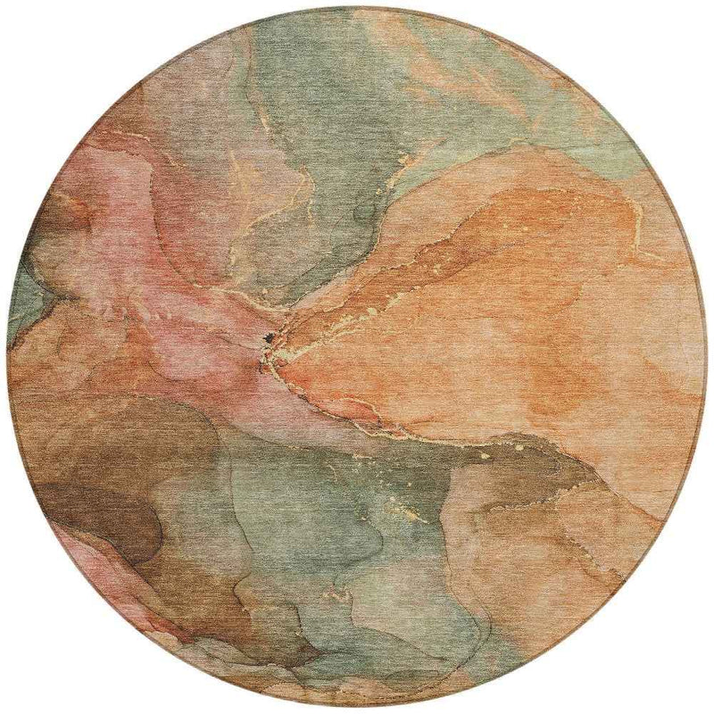 8' Coral Brown And Mint Green Round Abstract Washable Indoor Outdoor Area Rug