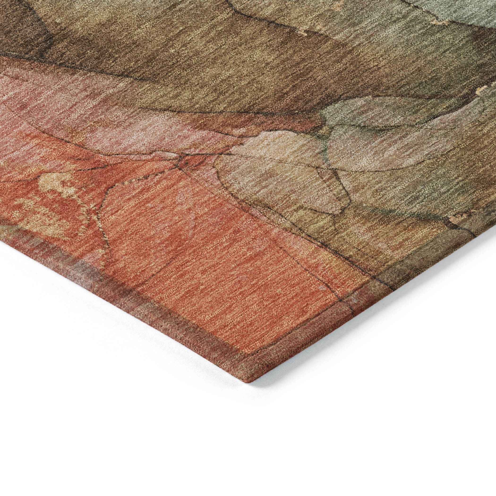 8' Coral Brown And Mint Green Round Abstract Washable Indoor Outdoor Area Rug