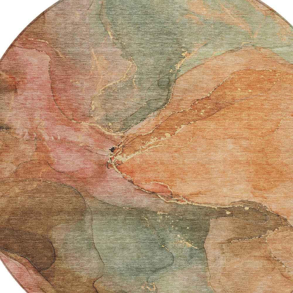8' Coral Brown And Mint Green Round Abstract Washable Indoor Outdoor Area Rug
