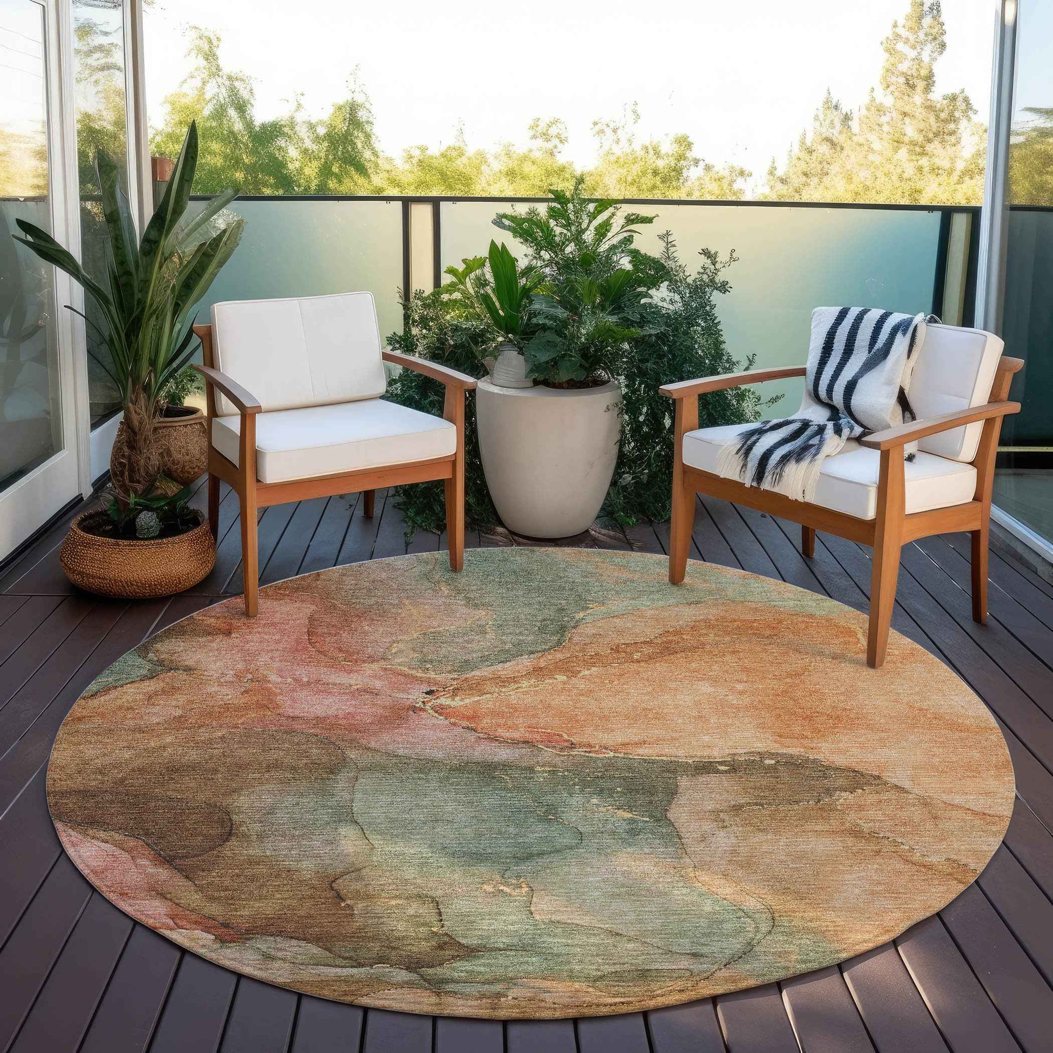 8' Coral Brown And Mint Green Round Abstract Washable Indoor Outdoor Area Rug