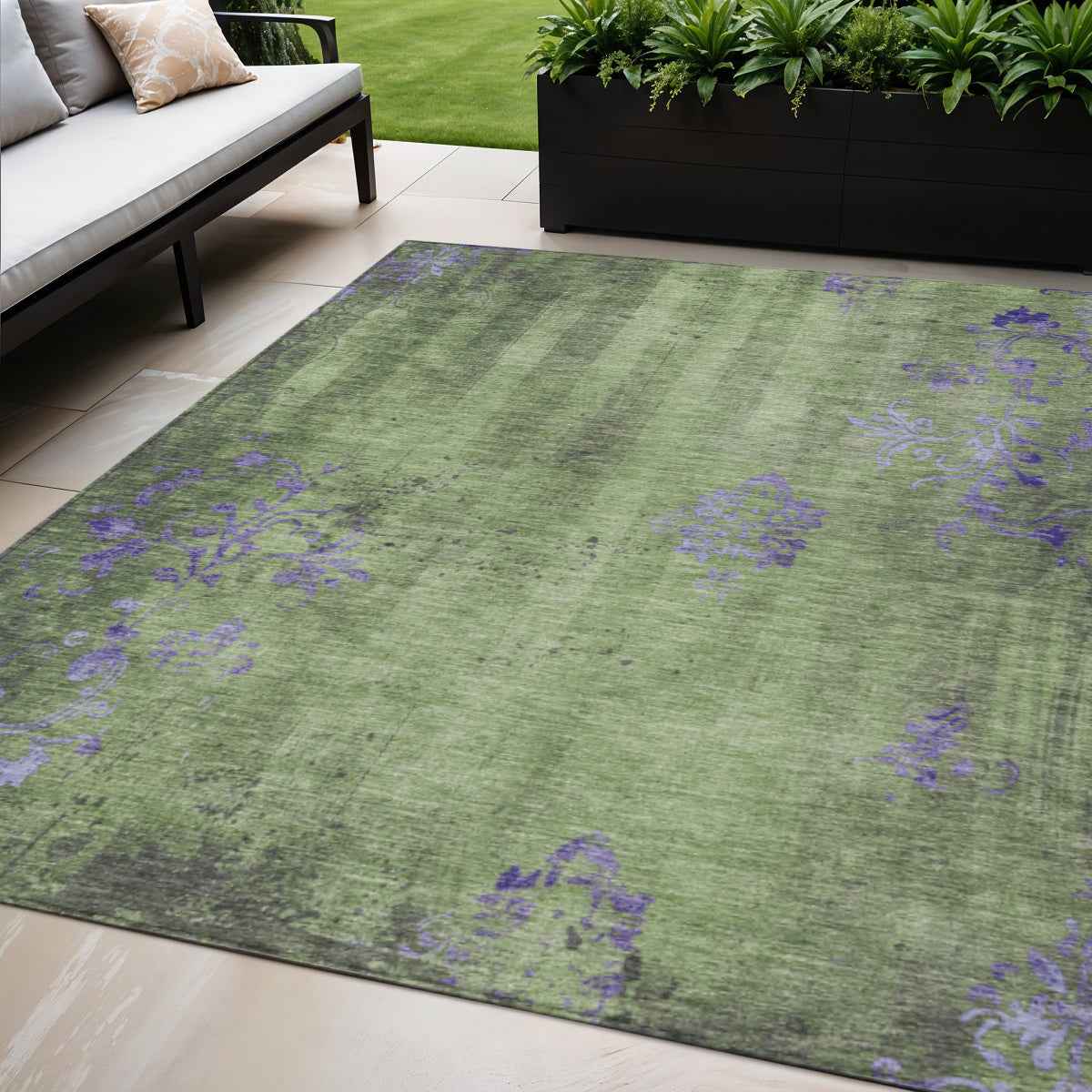5' X 8' Artichoke Green And Purple Floral Washable Indoor Outdoor Area Rug