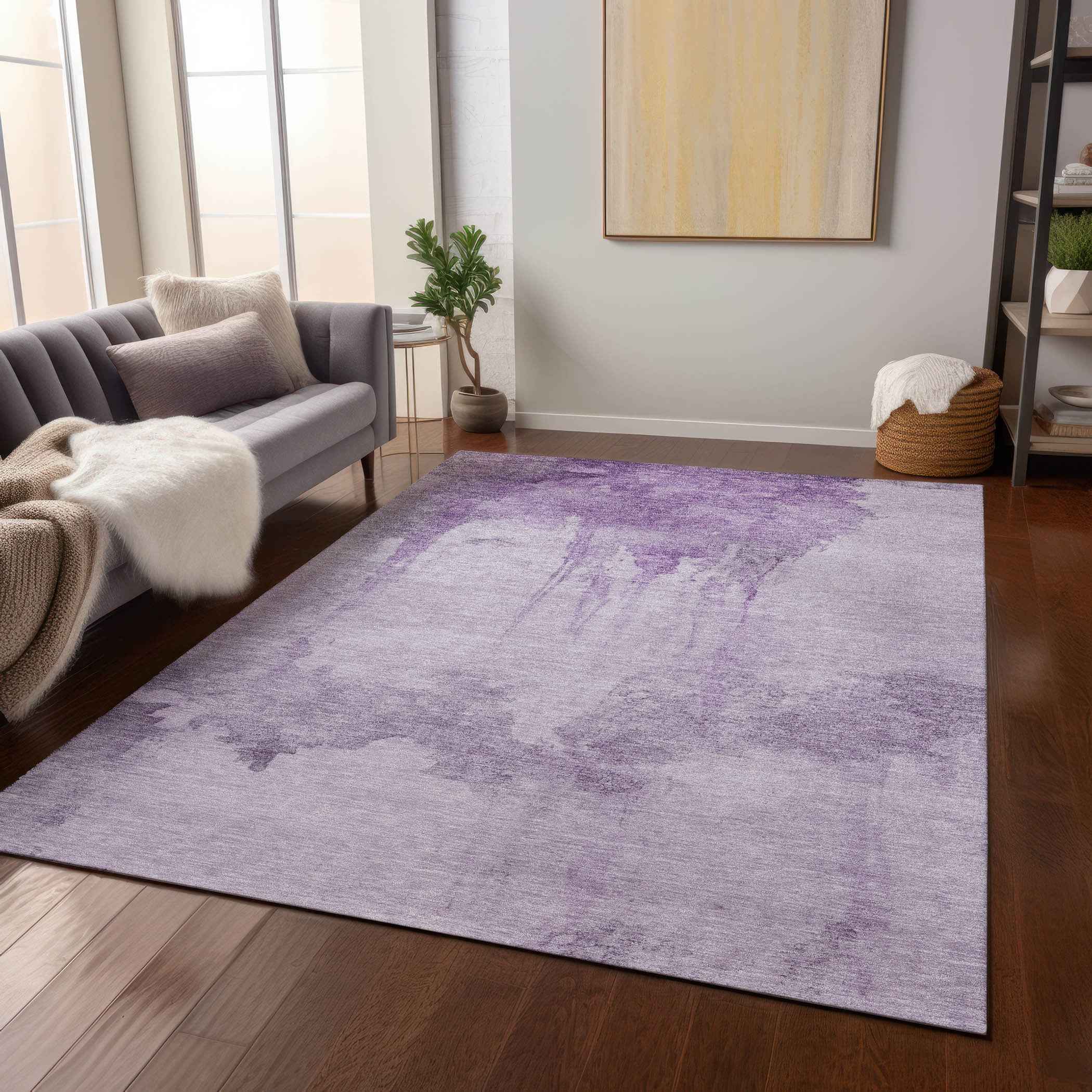 9' X 12' Lavender And Lilac Abstract Washable Indoor Outdoor Area Rug