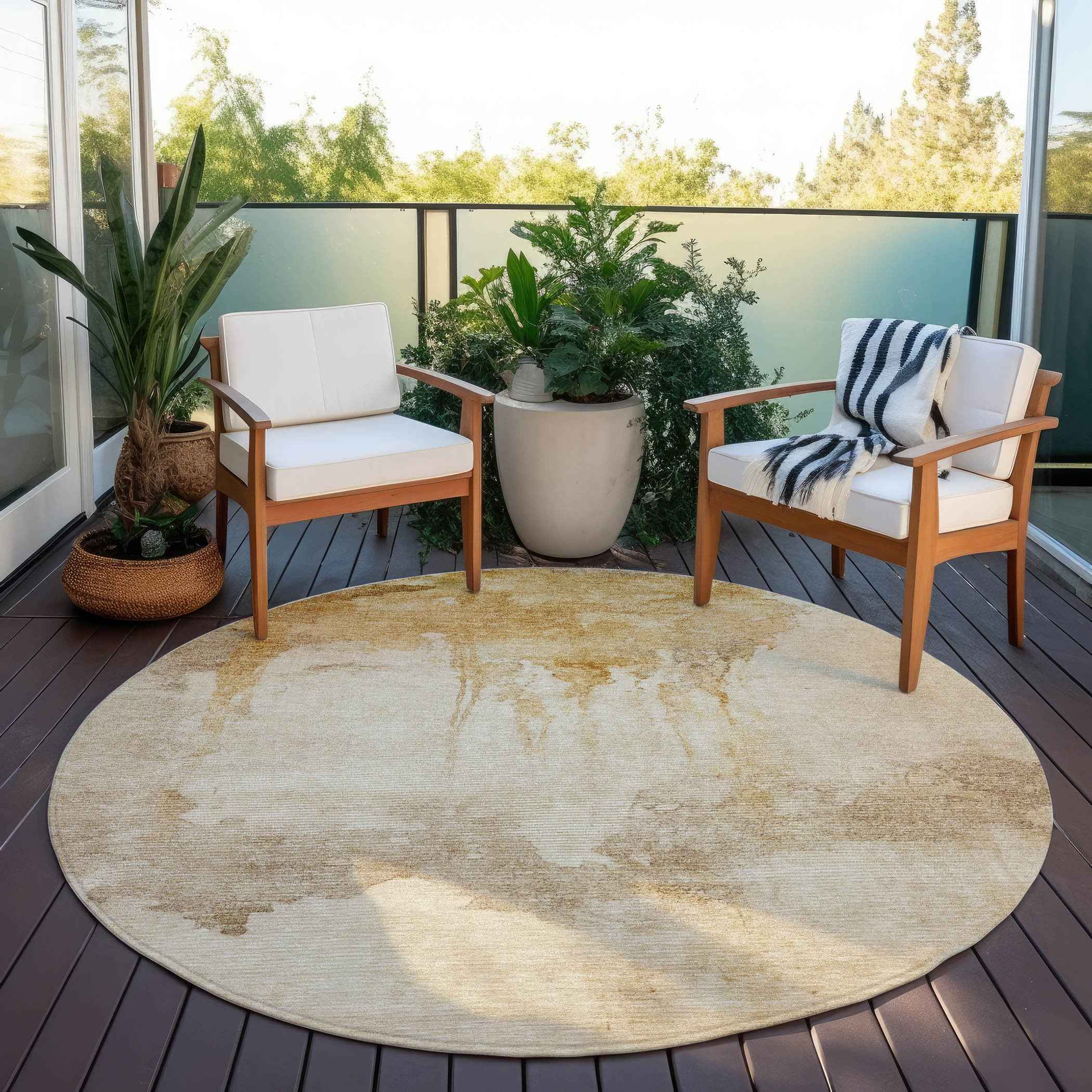 8' Gold And Beige Round Abstract Washable Indoor Outdoor Area Rug