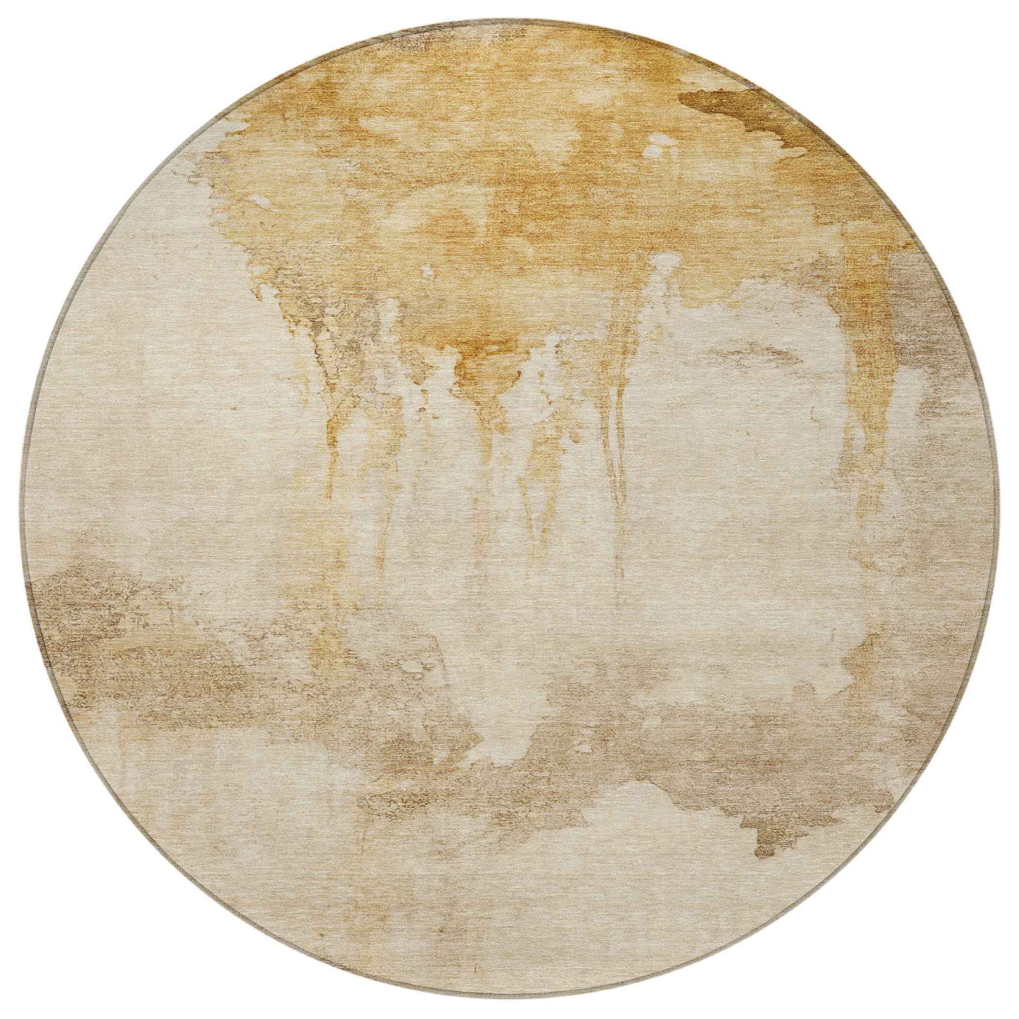 8' Gold And Beige Round Abstract Washable Indoor Outdoor Area Rug