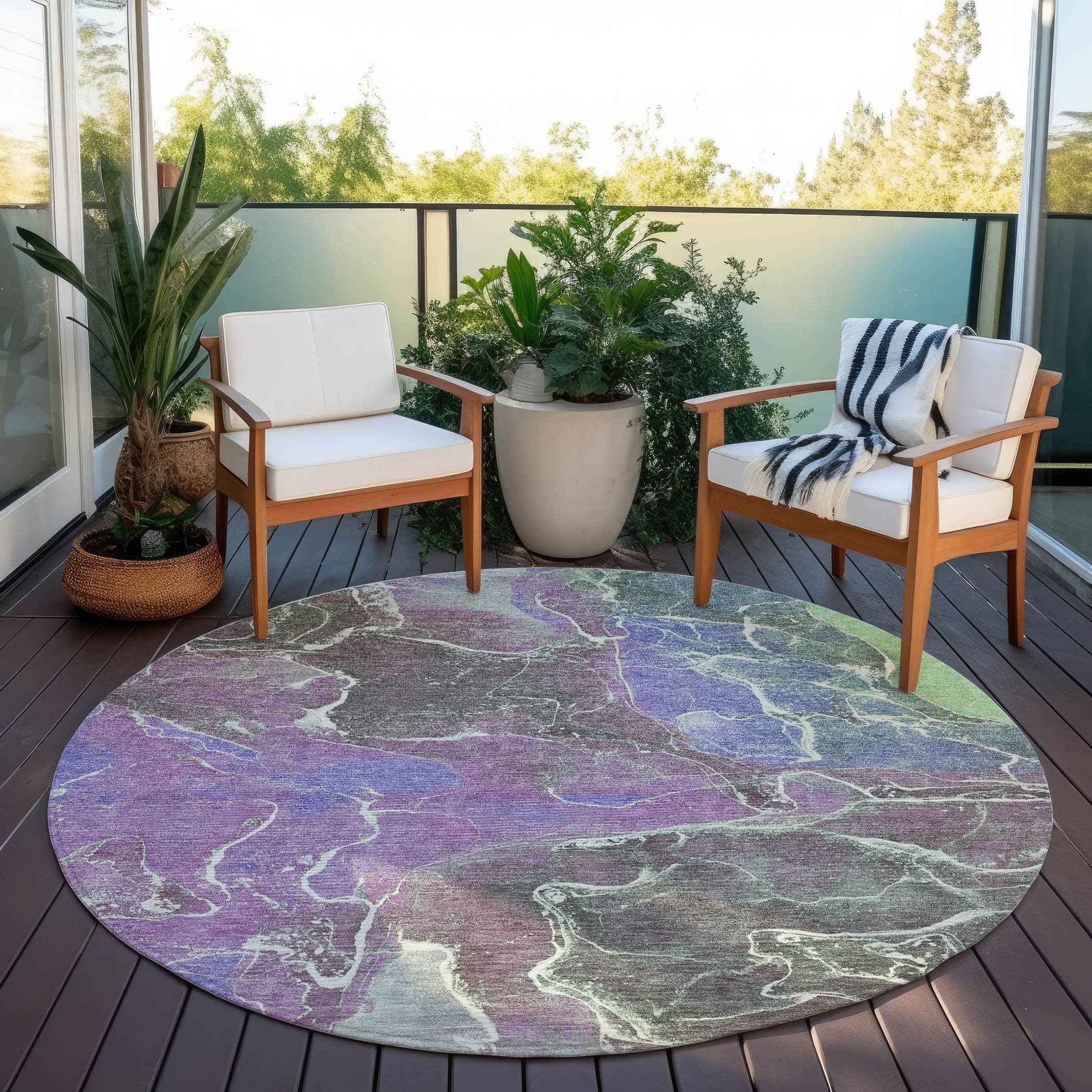 8' Purple Gray And Mint Green Round Abstract Washable Indoor Outdoor Area Rug