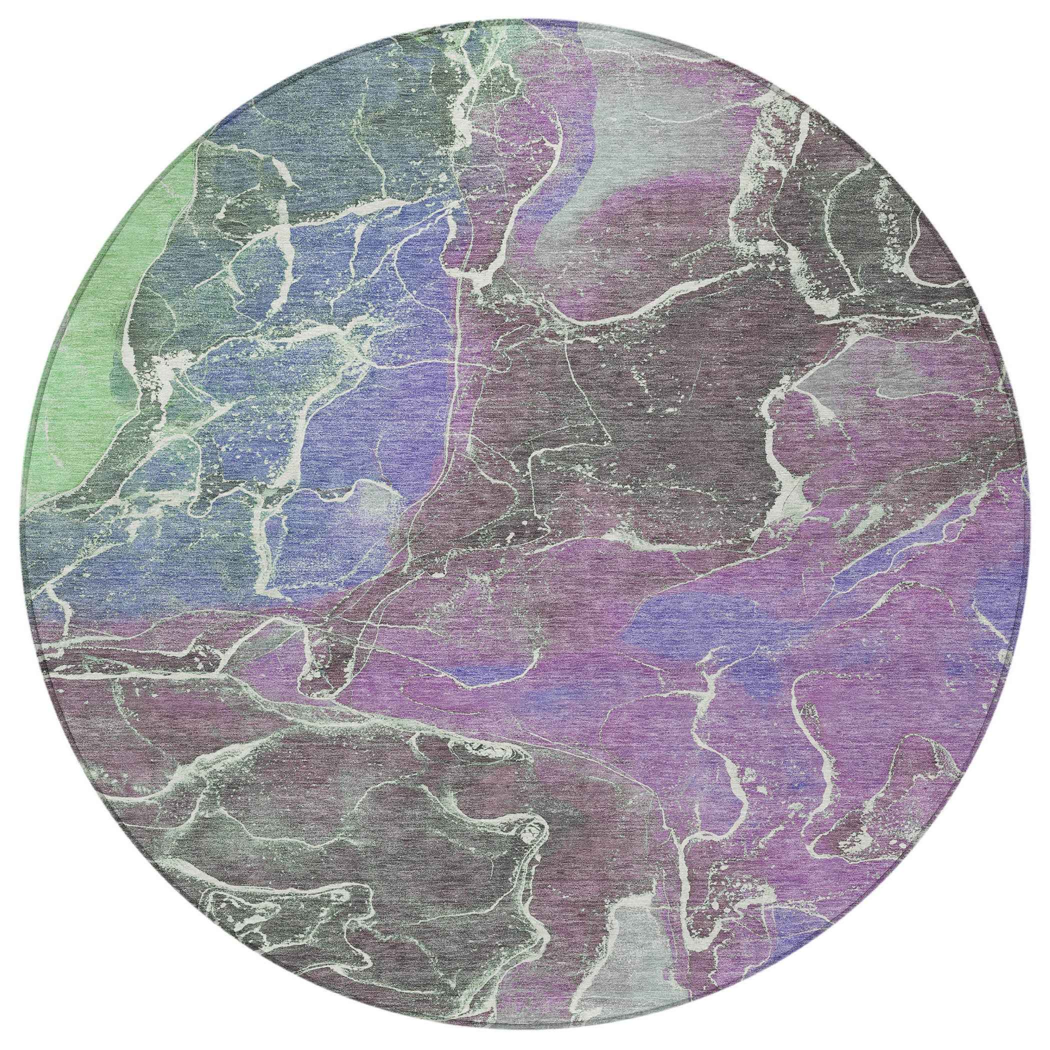 8' Purple Gray And Mint Green Round Abstract Washable Indoor Outdoor Area Rug